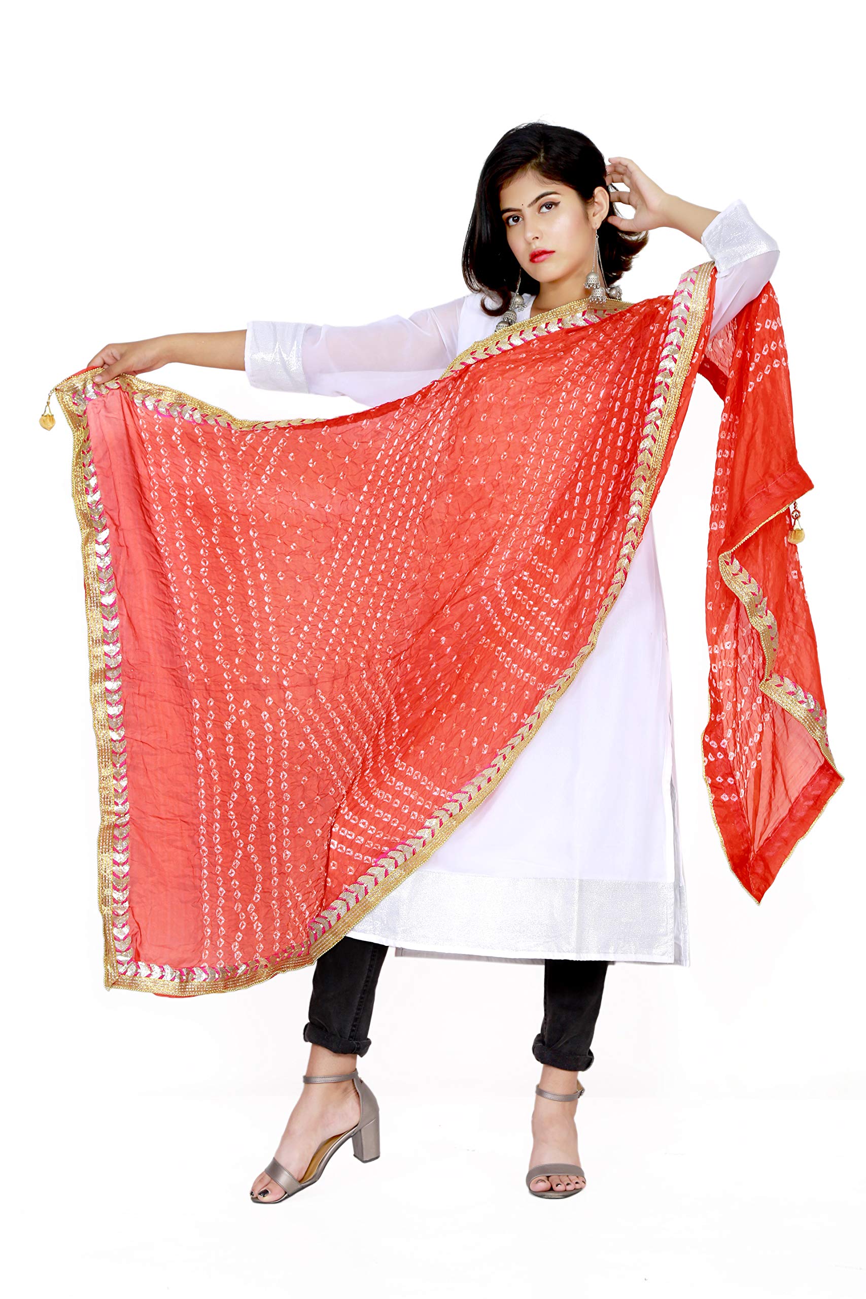 GenericWomen's Jaipuri Rajasthani Silk Bandhani Bandhej Multi-Colored Heavy Dupatta with Gota Work and latkan