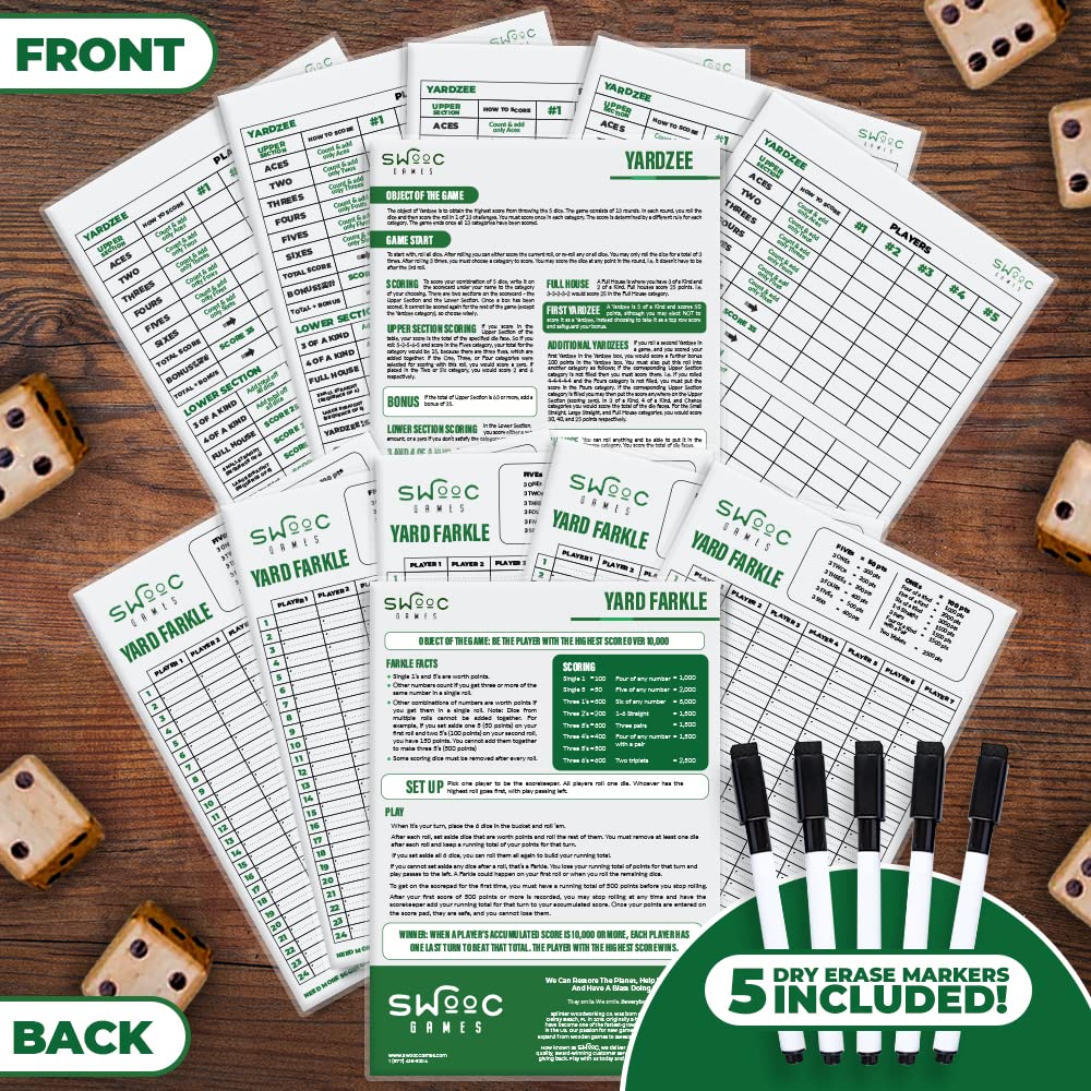 SWOOC Games 5 Big Dry Erase Yardzee & Farkle Score Cards