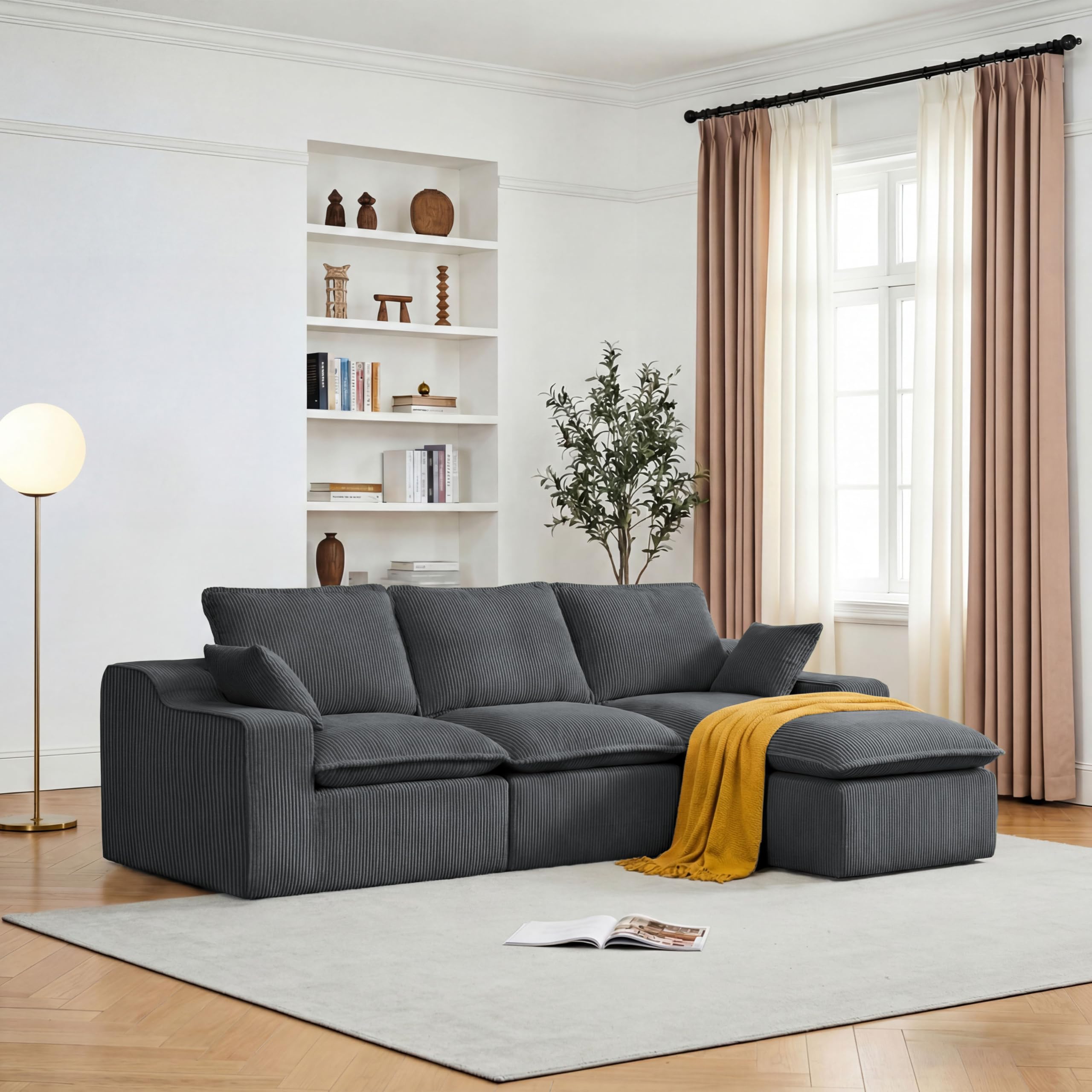 Vipbear Sofá Cama de 4 Plazas de 273 cm, Sofá de Salón en Forma de L, con Otomana Extraíble, Tapizado en Pana, Asiento Profundo y Chaise Longue, No Requiere Montaje, Gris