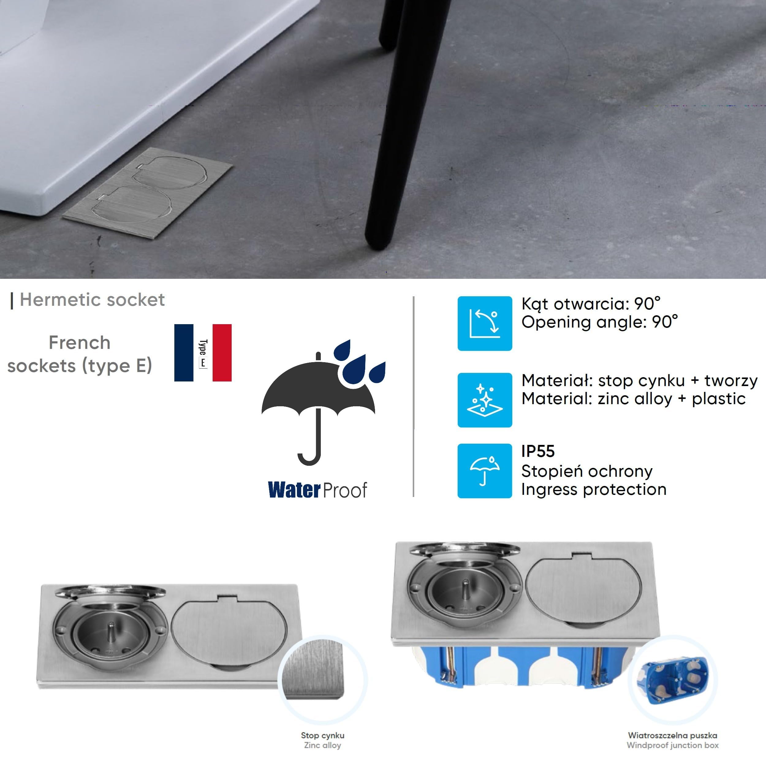 Doppia presa da incasso in acciaio inox, presa da pavimento IP55, coperchio pieghevole, morsetto, scatola interruttore antivento, tipo E francese