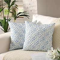 Breling Set of 2 Blue Floral Quilted Throw Pillow Covers 18x18 - Vintage Farmhouse Cottage Decor for Sofa, Bedroom, Spring Outdoor Living Room