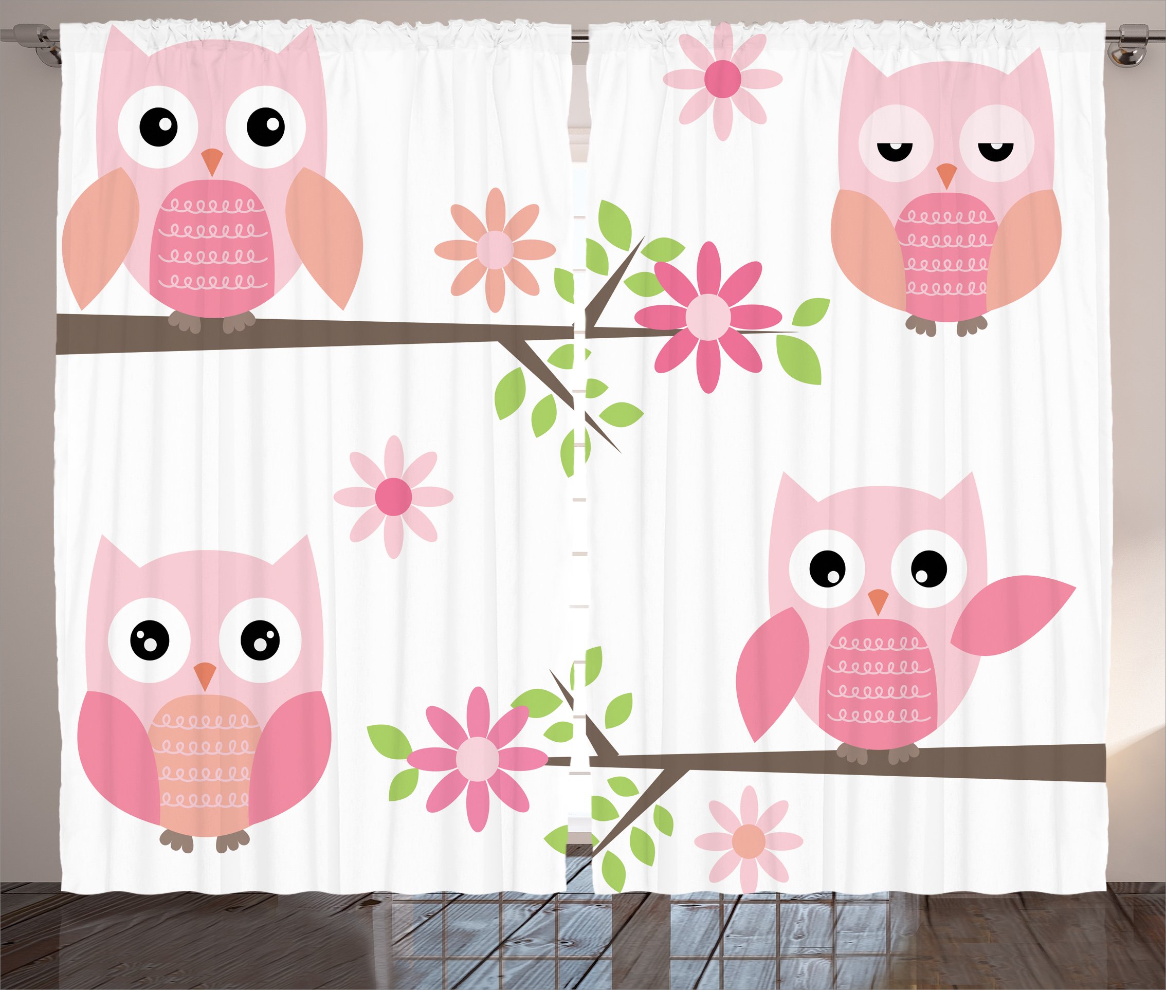 Ambesonne Owl Curtains, Baby Owls Waving in The Floral Tree Springtime Girly Design Print, Living Room Bedroom Window Drapes 2 Panel Set, 108" X 84",
