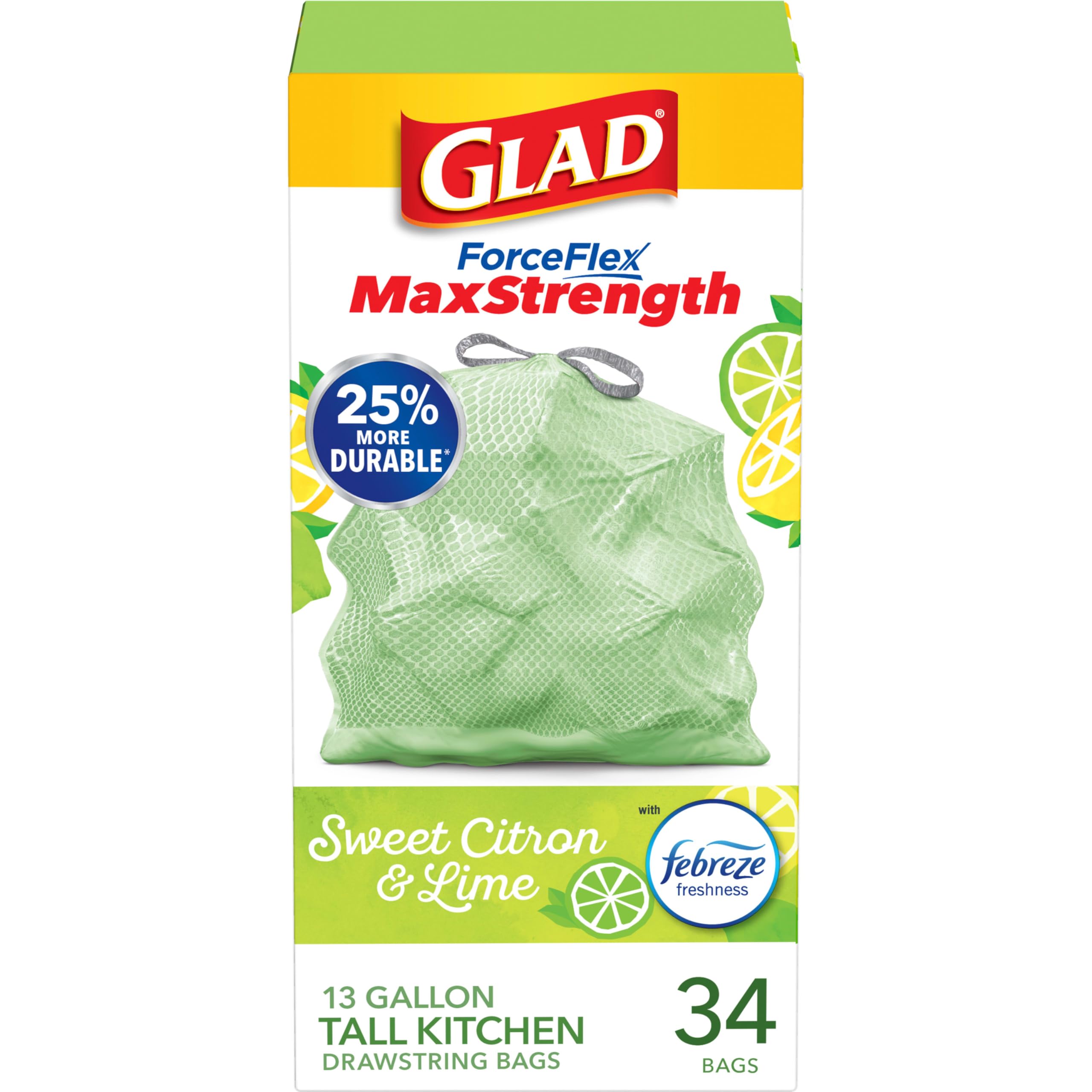 Glad ForceFlex MaxStrength Tall Kitchen Drawstring Trash Bags, 13 Gallon, Sweet Citron Lime with Febreze Freshness, 34 Count, Package May Vary