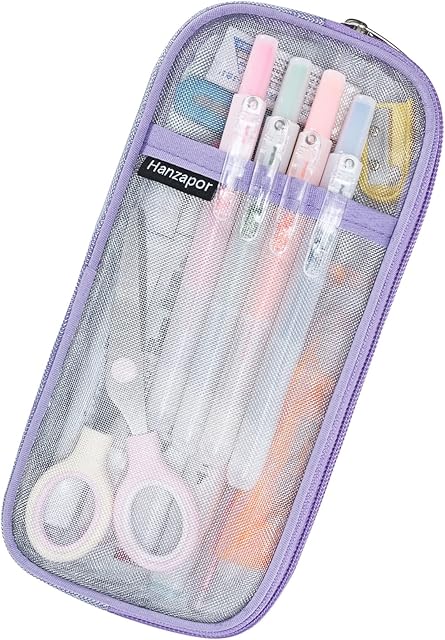 Clear Pencil Case, Grid Mesh Pen Pencil Case for Girls Boys Secondary School with Zipper Makeup Color Pouch Cosmetics Bag Multi-Purpose Travel Transparent Stationary Bag Organizer Box - Purple