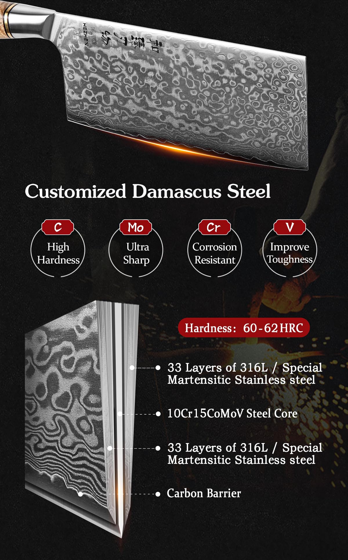 HEZHEN Damascus Chef Mes, 67 Lagen Damascus Stalen Professioneel Keukenmes Gyuto, Sycamore Houten Handvat