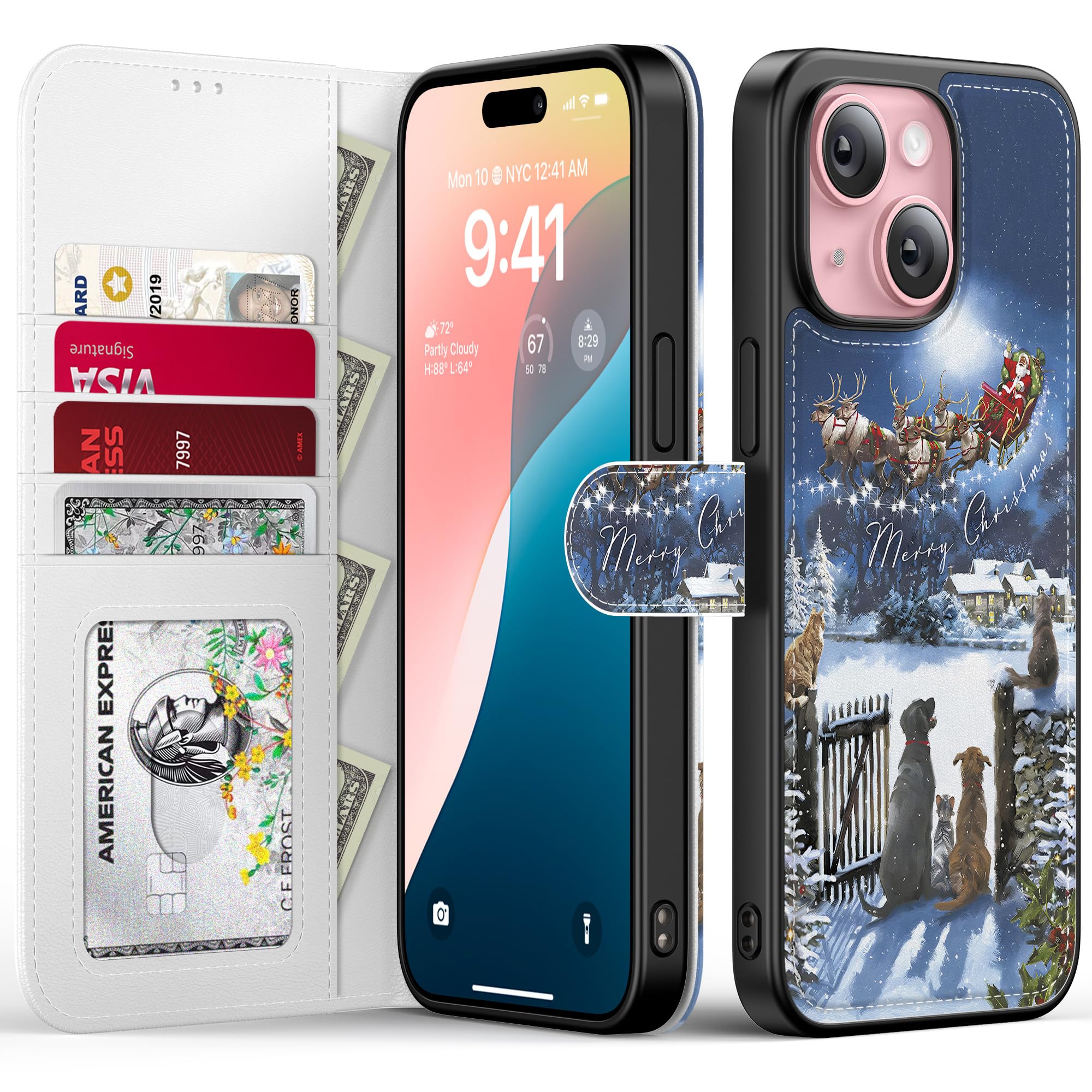 FUNMIKO Christmas Wallet Phone Shell for iPhone 14,Detachable Flip Folio Leather Cover,RFID Blocking 4 Card Slots Holder,Magnetic Kickstand,Trendy