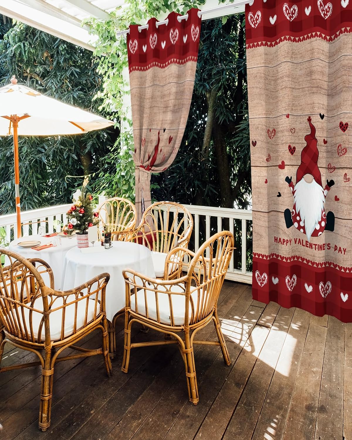 2 Panels Waterproof Outdoor Curtains 84 inches Long for Patio Happy Valentine's Day Gnome Retreo Wood Grain Indoor Outdoor Privacy Curtain Light Filter Grommet Drapes for Porch Cabana Pergola