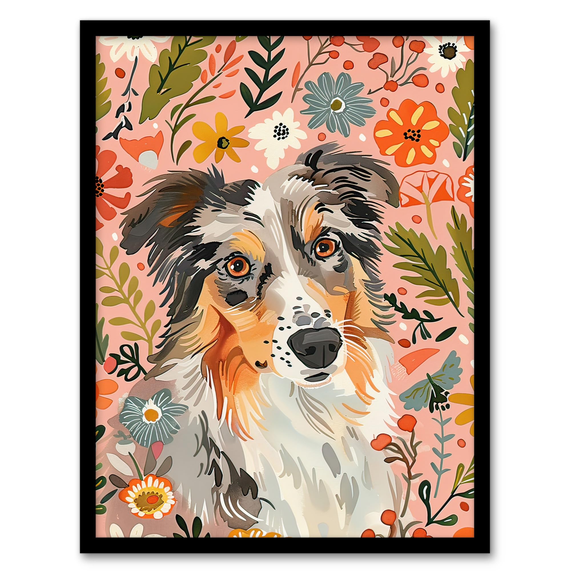Artery8 Australian Sheepdog Floral Portrait Watercolour Living Room Artwork Framed Wall Art Print A4