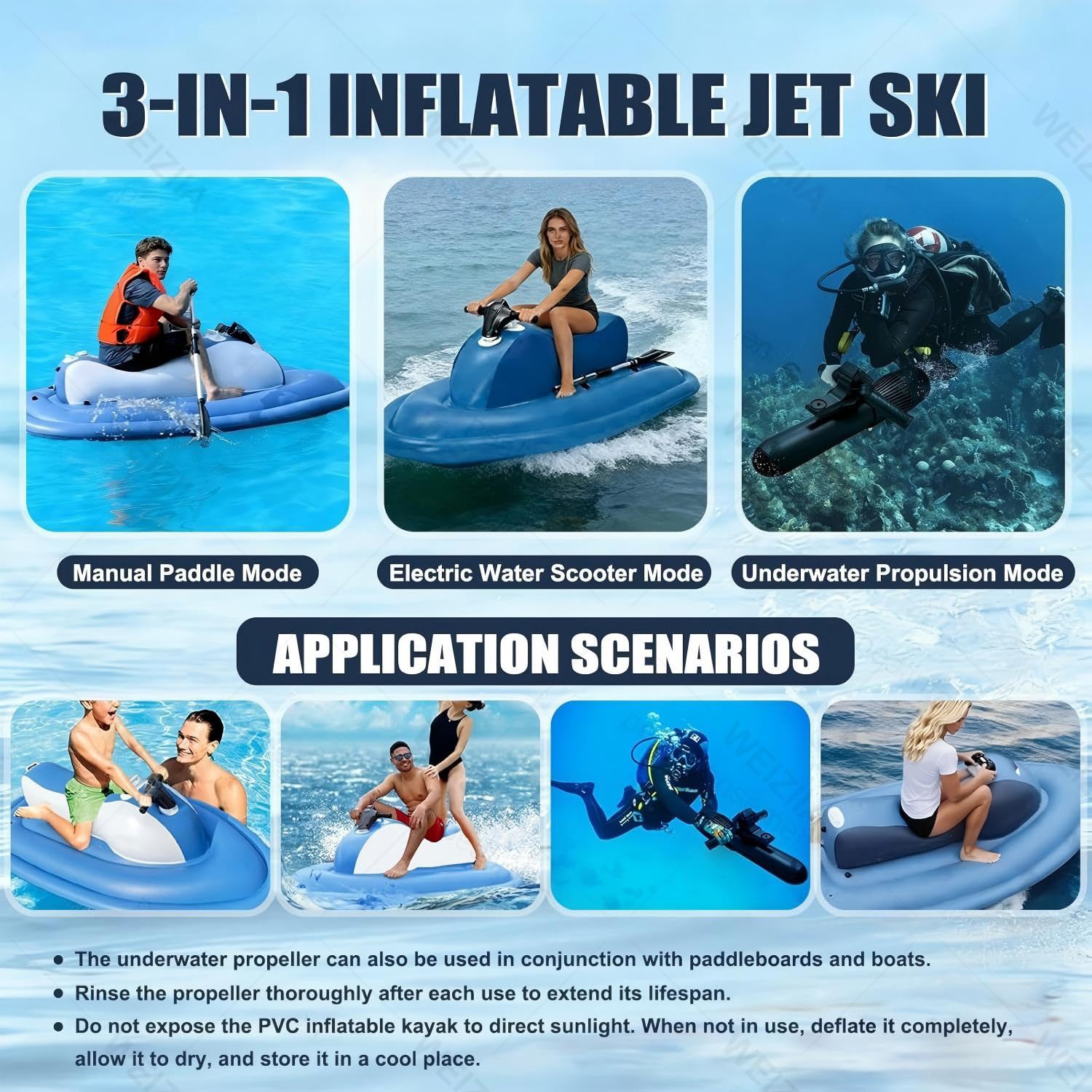 Faltbarer 3-in-1 Elektro-Jet-Ski (aufblasbar) & Unterwasser-Tauchscooter – mit 500 W / 700 W bürstenlosem Motor (bis zu 130 Min. Laufzeit) und 10.000 mAh / 16.000 mAh Akku – 11 km/h 700W16Ah