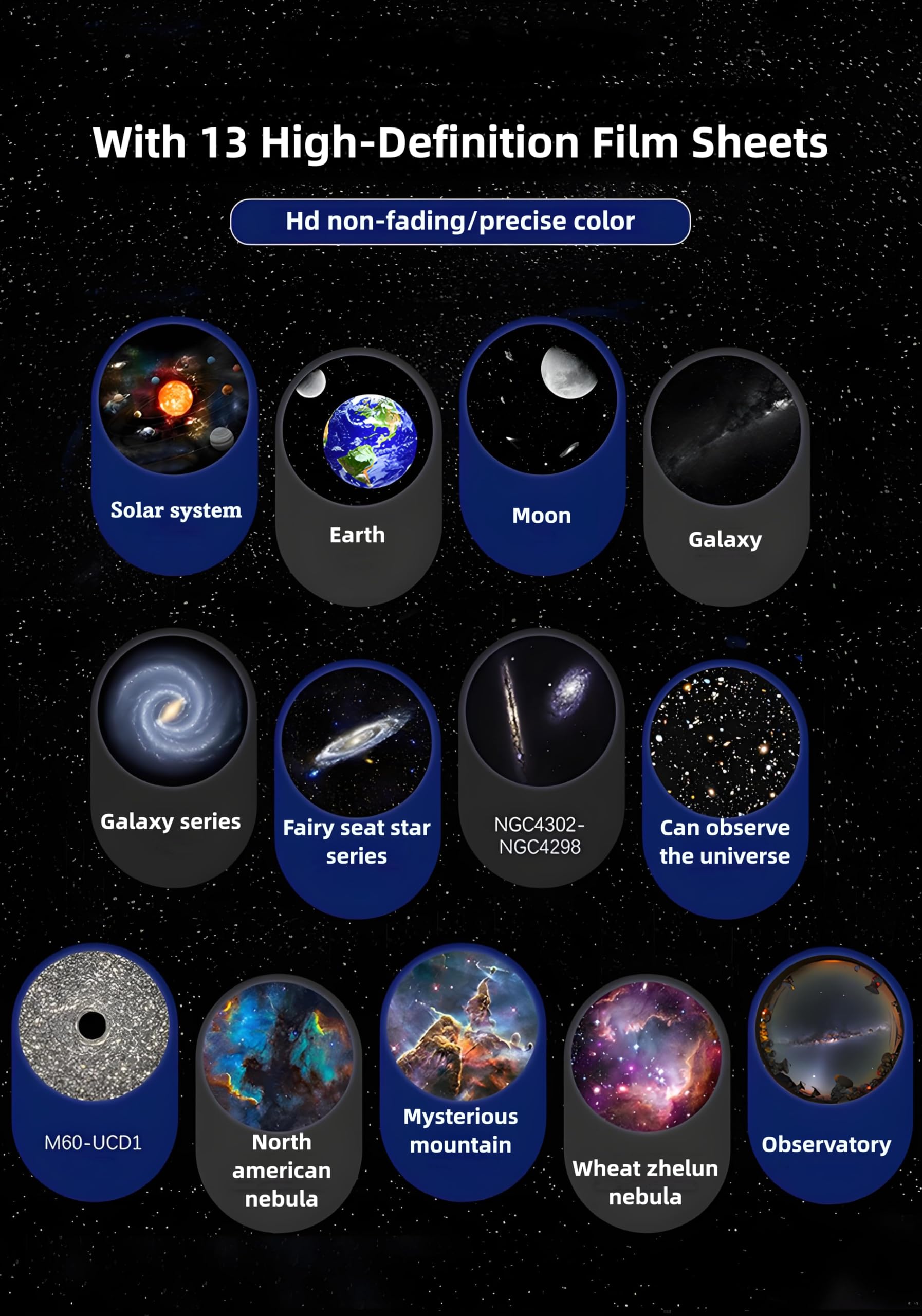 Proiettore a stelle HD, per bambini, luce galassia, pulsante regolabile, 13 stelle intercambiabili