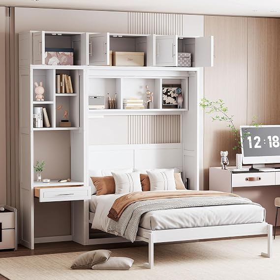 Full Size Wall Murphy Cabinet Bed with Storage Shelves and Bookcase,Desk, Drawer, Foldable Hidden Horizontal Bed, Top Cabinet with Doors and Handles, Space Saving, White