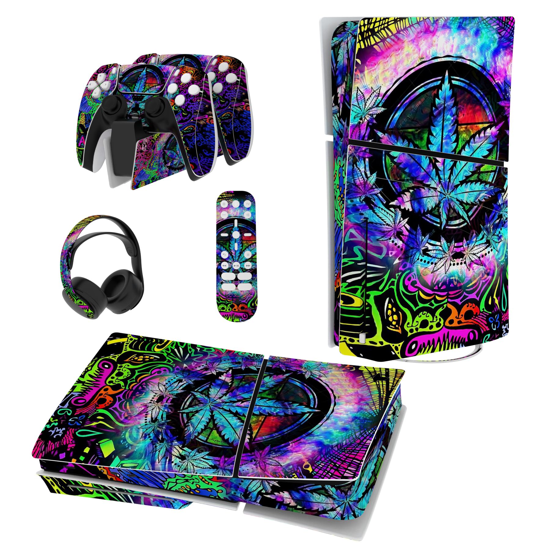 playvital Autocollant Protection pour ps5 Slim Standard Console, Sticker Skin pour ps5 Manette & Télécommande & Casque & Station de Charge,Disc Edition-Feuille Psychédélique
