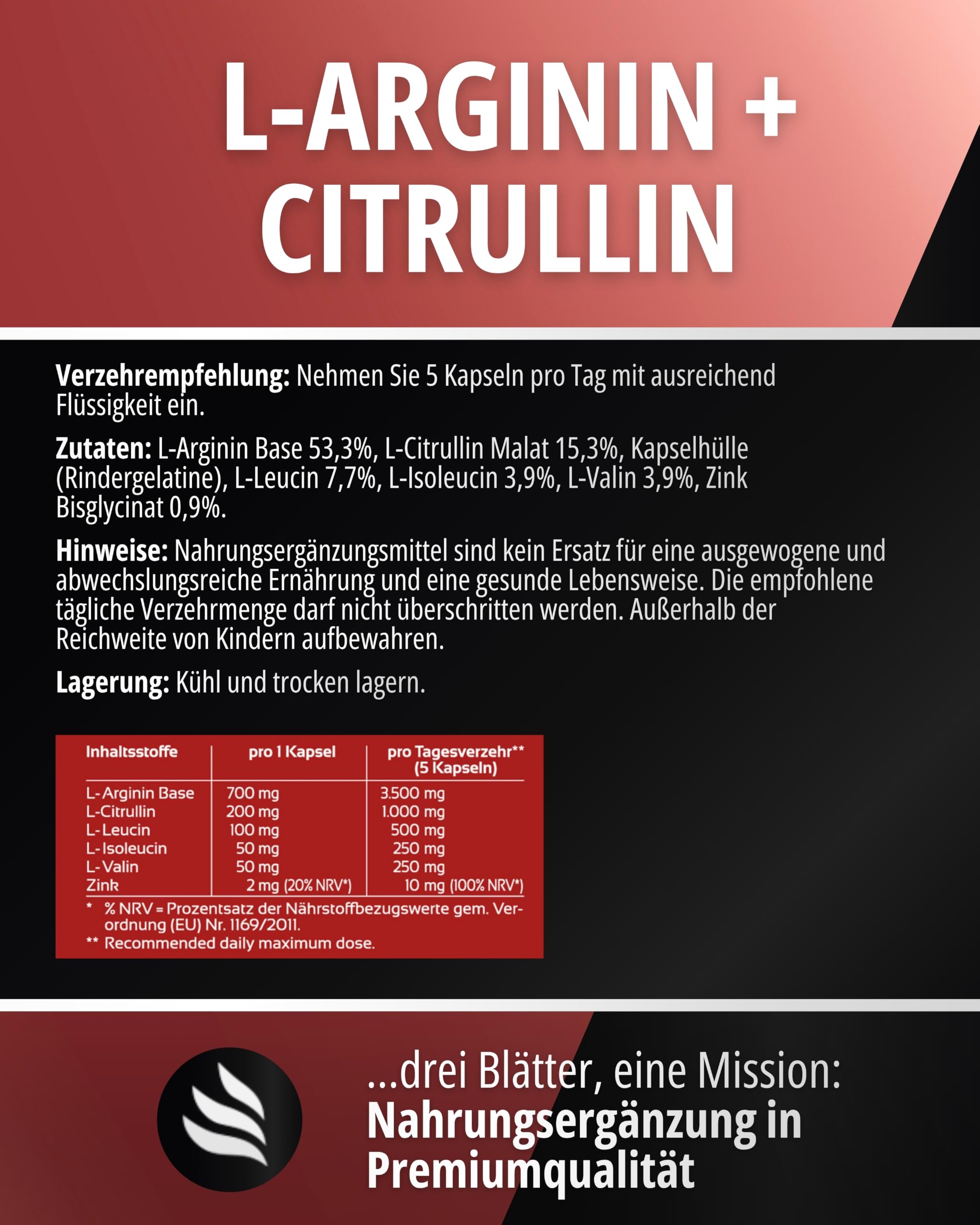 BIOMENTA L-Arginin Base + Citrullin + BCAA + Zink I 150 Kapseln mit 1100 mg Aminosäuren pro Einheit I Pre Workout Nahrungsergänzungsmittel ohne Zusätze I Laborgeprüfte Qualität
