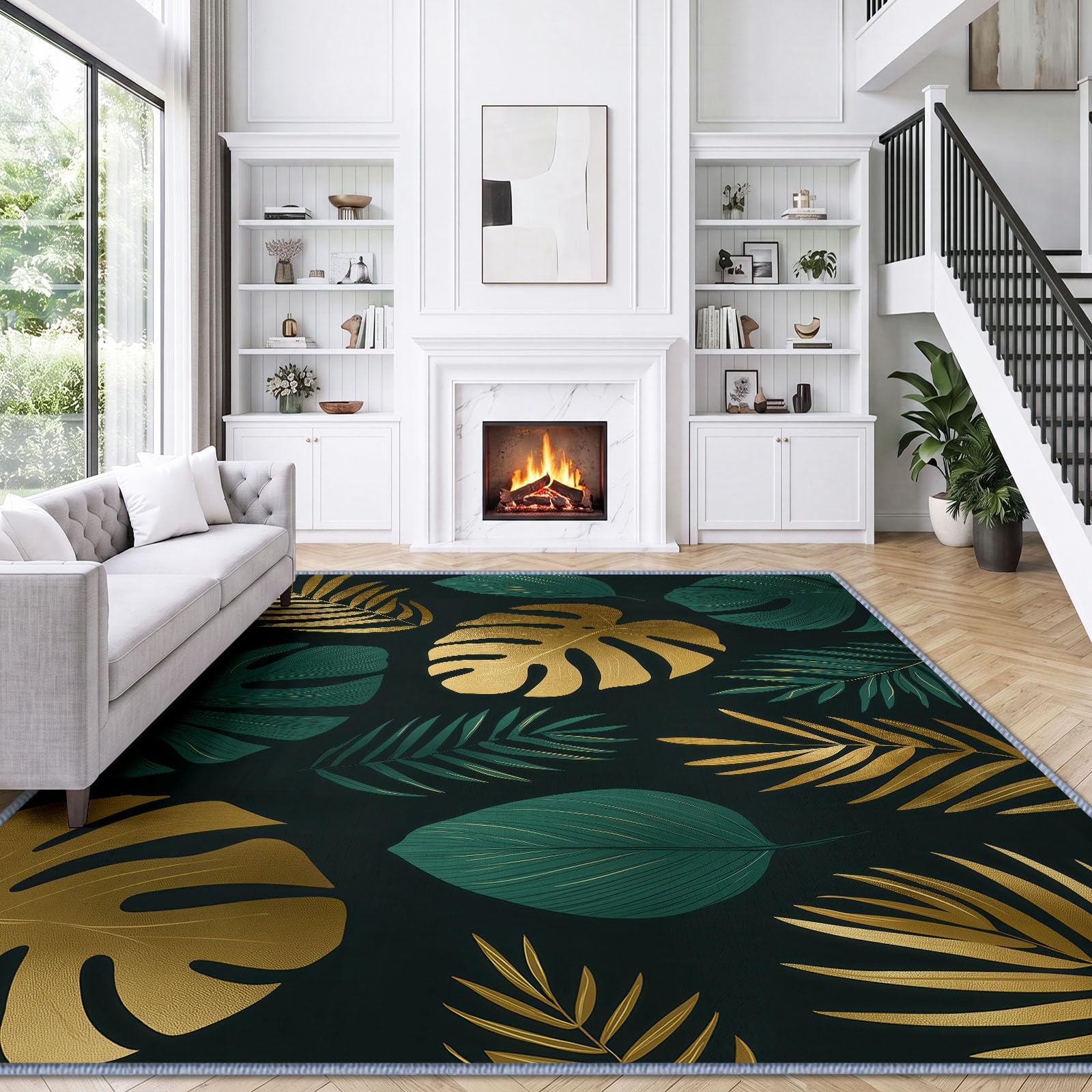 Générique Feuille De Palmier Tapis de Salon Lavable 140x200 cm， Tropical Noir Et Or - Antidérapant et Lavable en Machine - Poils Courts - Douce - pour Salon, Chambre ou Bureau