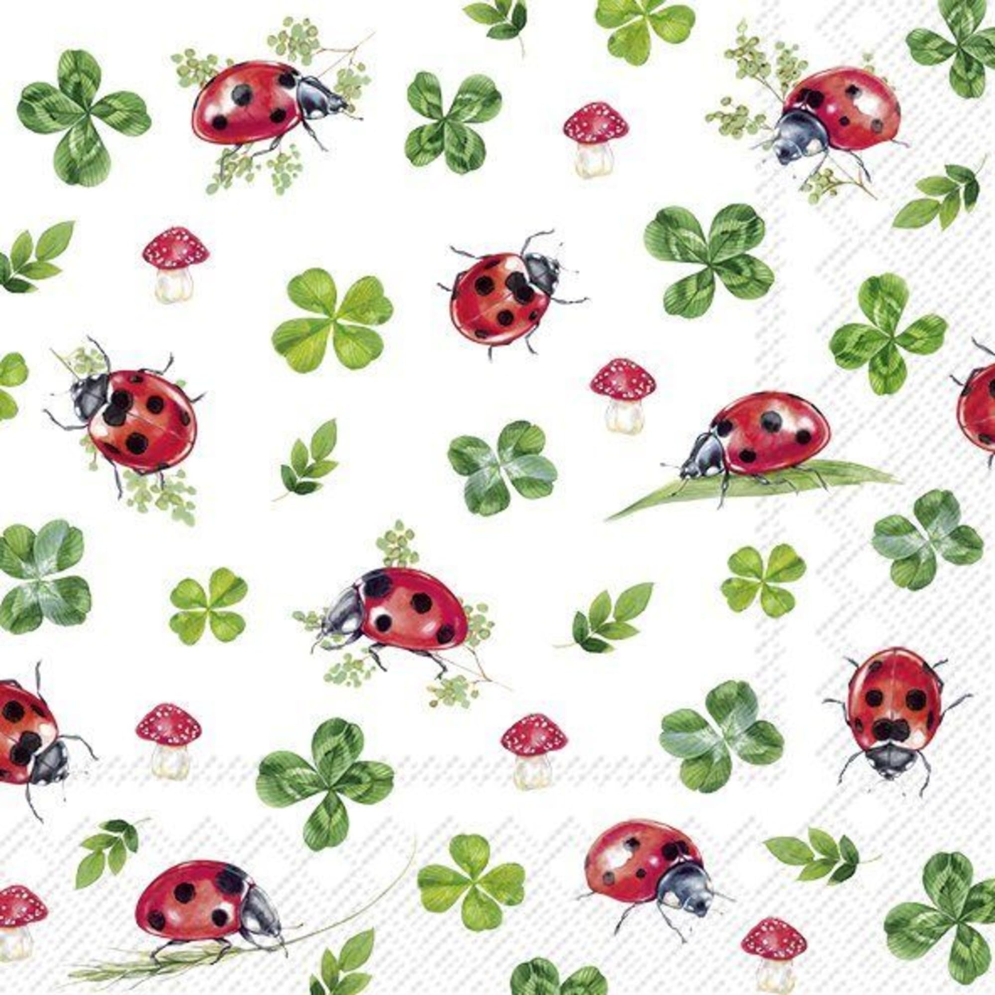 Set of 2 Individual Decoupage Paper Party Napkin Ladybugs Clovers Luck Watercolor Decor Luncheon Napkins for a Birthday Holiday, Wedding, Cocktail Party