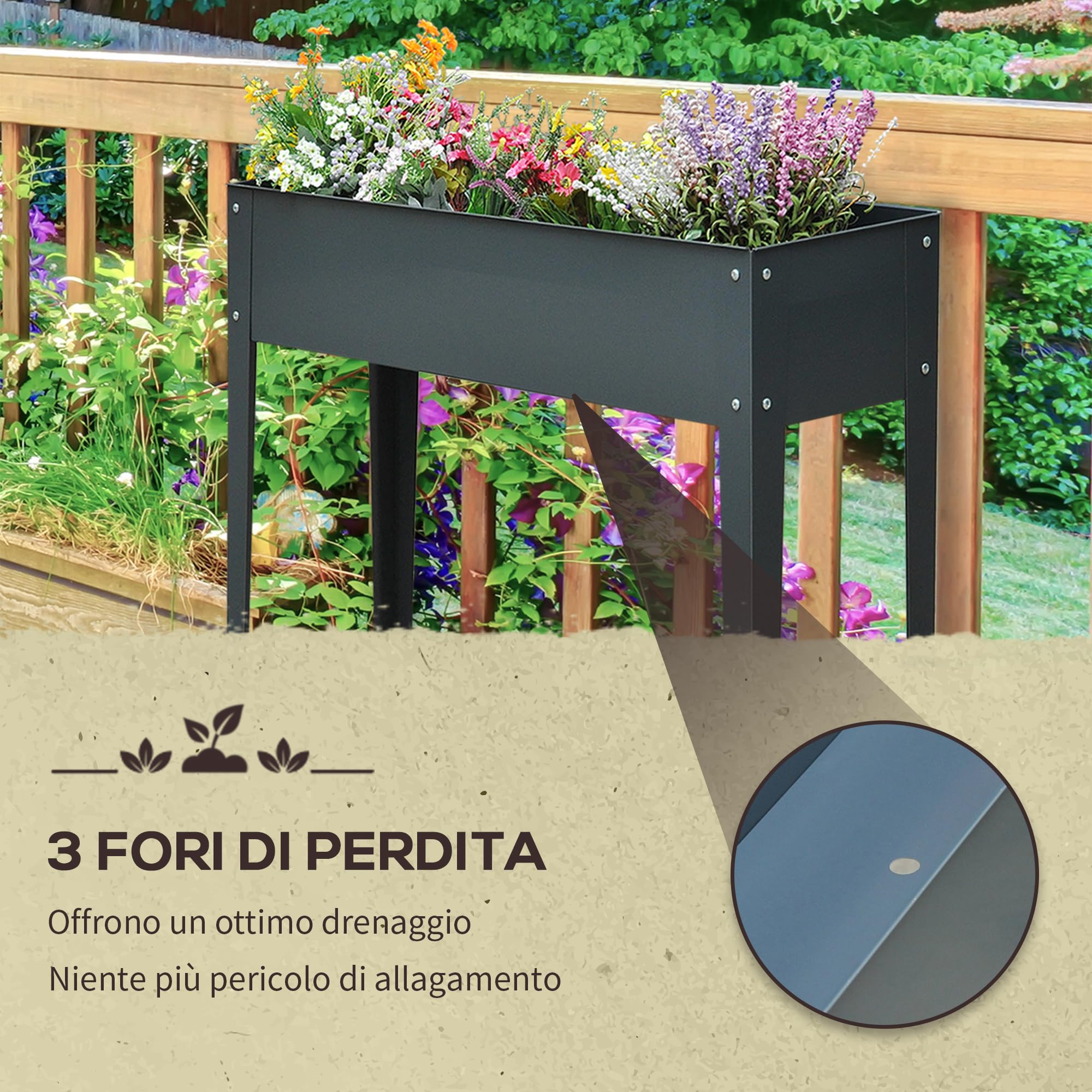 Outsunny Fioriera da Esterno Rialzata con 3 Fori di Drenaggio, Fioriera in Metallo per Giardino e Balcone, 100x30x80 cm, Grigio Scuro