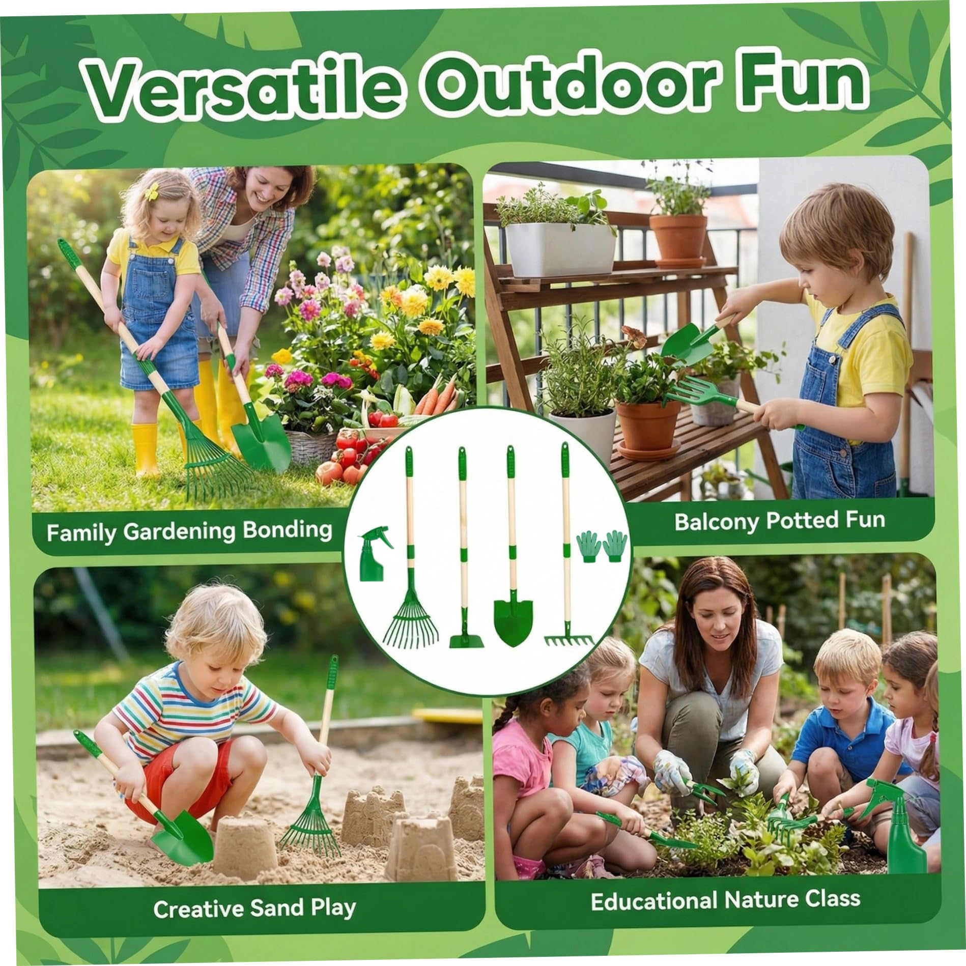 Set da giardinaggio per bambini 6 pezzi Attrezzi da giardinaggio per bambini con rastrello a pala per ragazzi e ragazze dai 3 anni in su, verde