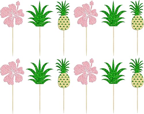 Miniatura 3 de Gyufise Paquete de 24 adornos tropicales para cupcakes con purpurina de hojas de piña Aloha para cupcakes para verano, temática hawaiana de Luau,