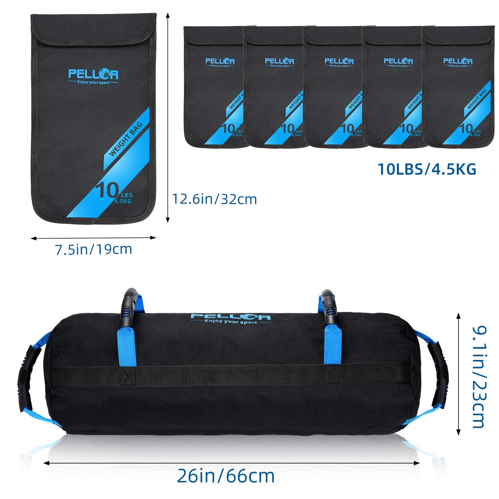 PELLOR Sandbag, Sacchetti di Sabbia Regolabili da 4.5-27kg, Power Bag Sacca per Pesi con Sacche Interne per Esercizi di Allenamento a intensità Funzionale