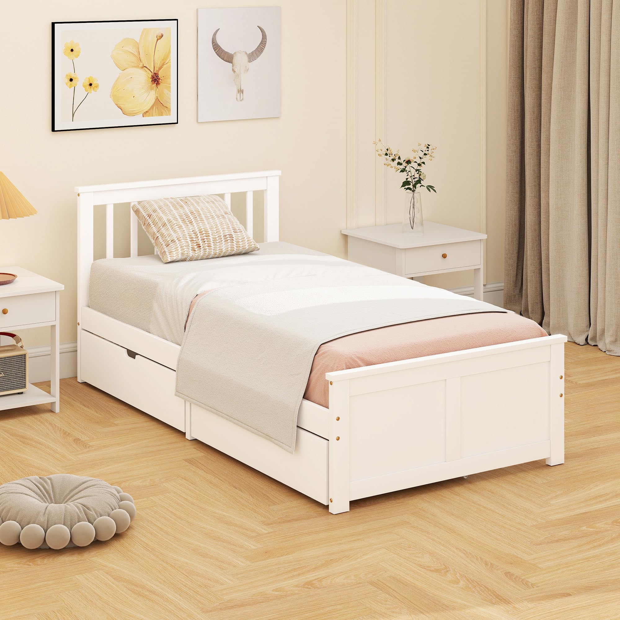 HOMCOM Bett 90 x 200 cm Bettrahmen mit Lattenrost, Schublade, Weiß