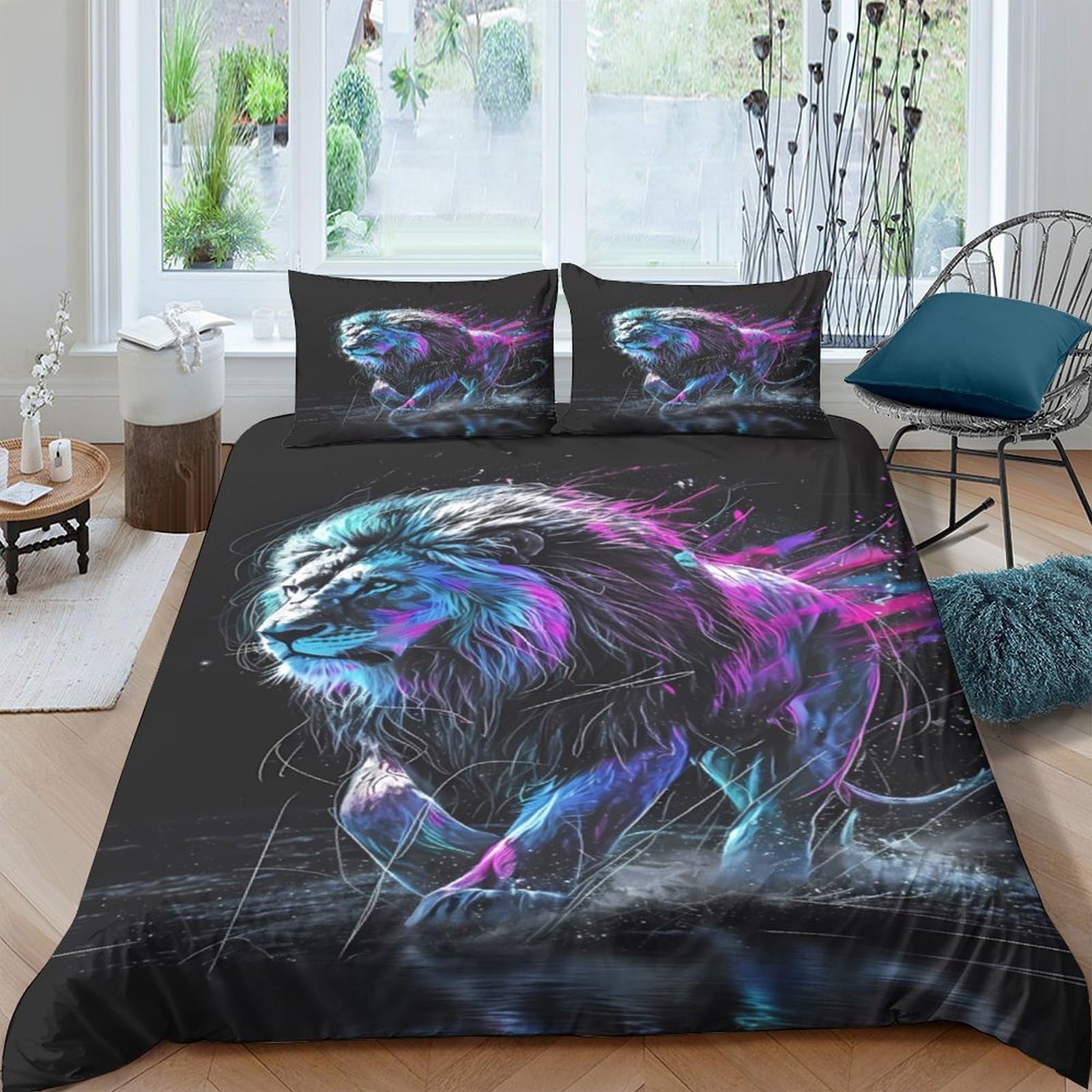 Ctjqhvkz Style-2 3D Printed Neon Lion Fitted Sheet Microfiber Soft Anti-Slip Gradient Animal Mattress Cover Bedroom Dorm Decor Single（135X200cm）