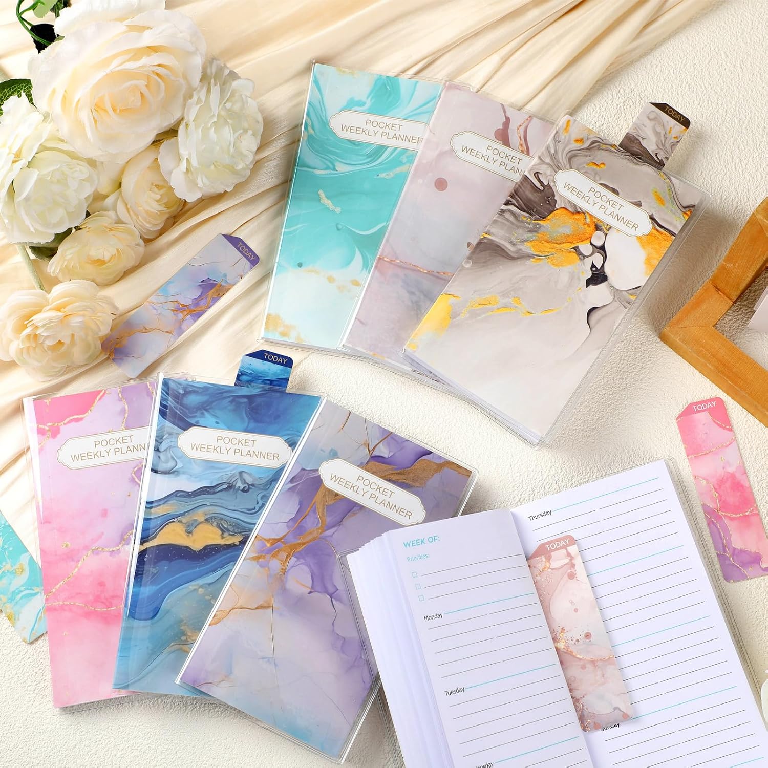 ReliThick 6 Set Undated Monthly Planner Blank Pocket Calendar for Purse 6.5" X3.5" Small Daily Weekly Pocket Planner with Bookmark and PVC Cover for Teacher Employee Appreciation Gifts (Marble)