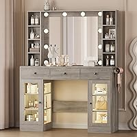 Vista 10 de Wodeer Escritorio de maquillaje con espejo y luces, tocador negro con parte superior de cristal, almacenamiento de joyas, tomas de corriente, 3