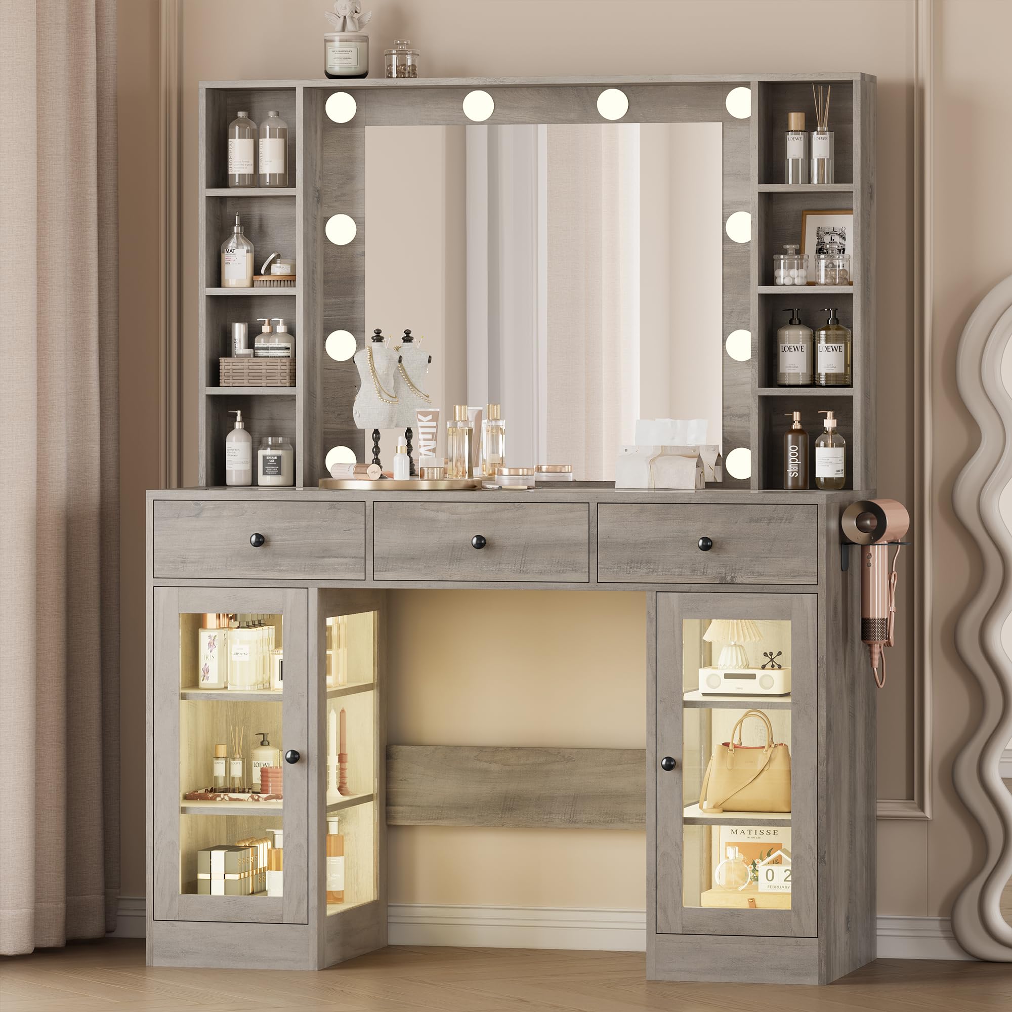 Wodeer Makeup Vanity Desk with Mirror and Lights, Grey Vanity with Glass Top, LED Lights &amp; Power Outlet, 3 Drawers &amp; 2 RGB Glass Cabinets, Adjustable Lighted Dressing Table for Women &amp; Girls Bedroom