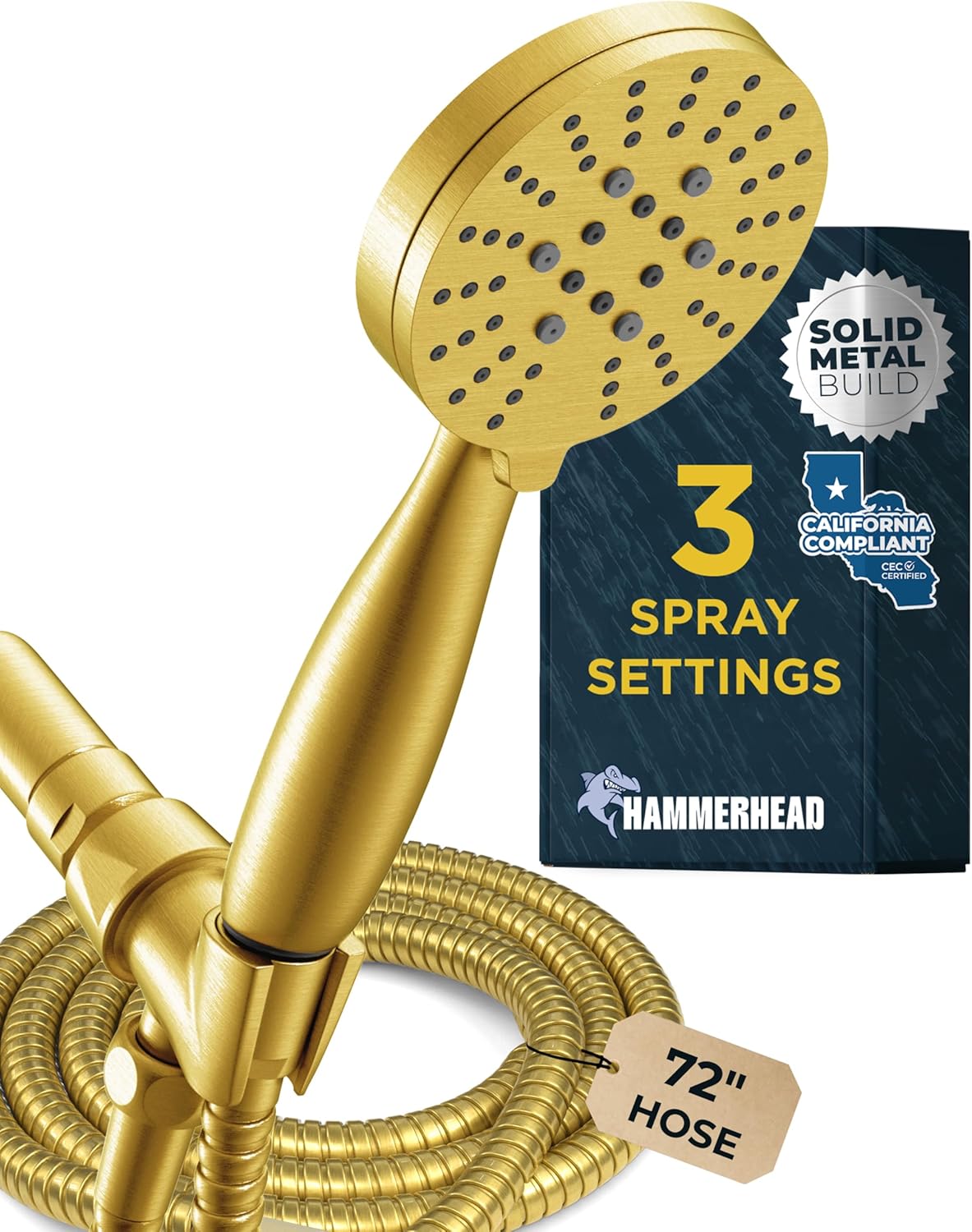 HammerHead Showers Solid Metal 3-Spray Handheld Shower Head with Long Hose and Holder - BRUSHED GOLD - WIDE, MASSAGE, and MIST Sprays - 1.8 GPM Low Flow Handheld Showerhead - Water Saving Shower Head