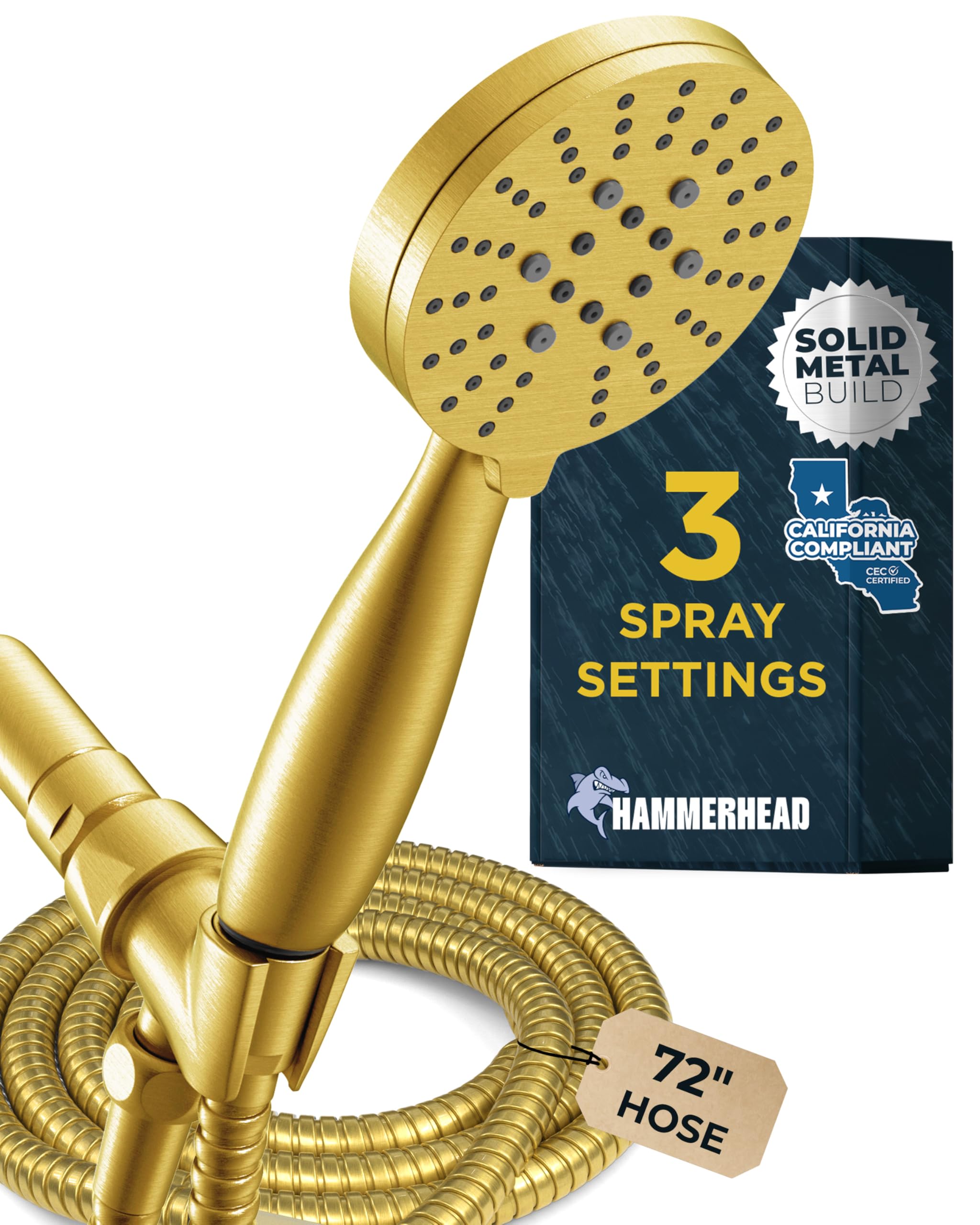 HammerHead Showers® Solid Metal 3-Spray Handheld Shower Head with Long Hose and Holder - BRUSHED GOLD - WIDE, MASSAGE, and MIST Sprays - 1.8 GPM Low Flow Handheld Showerhead - Water Saving Shower Head