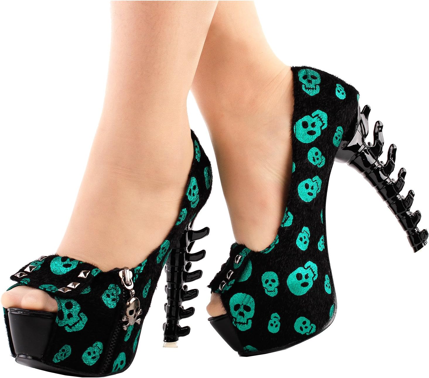 SHOW STORY Womens Skull Zipper Peeptoe Platform Bone Heel Club Pumps,LF80624
