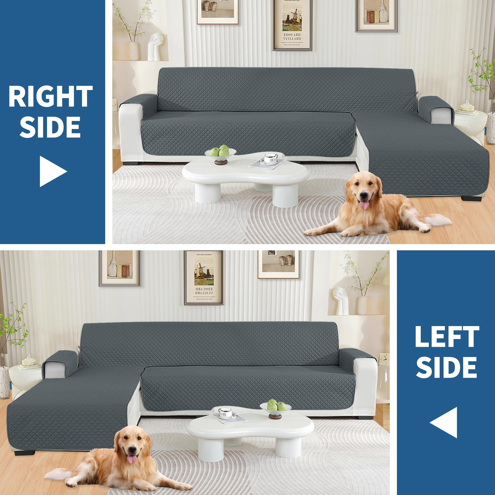 YSTELLAA Impermeable Funda Sofa Chaise Long 3 Plazas, Cubre Sofa Chaise Longue Izquierdo/Derecho Universal Reversible, Anti Gato Y Perro Mascota, Protector Antimanchas Y Resistente, Gris Oscuro