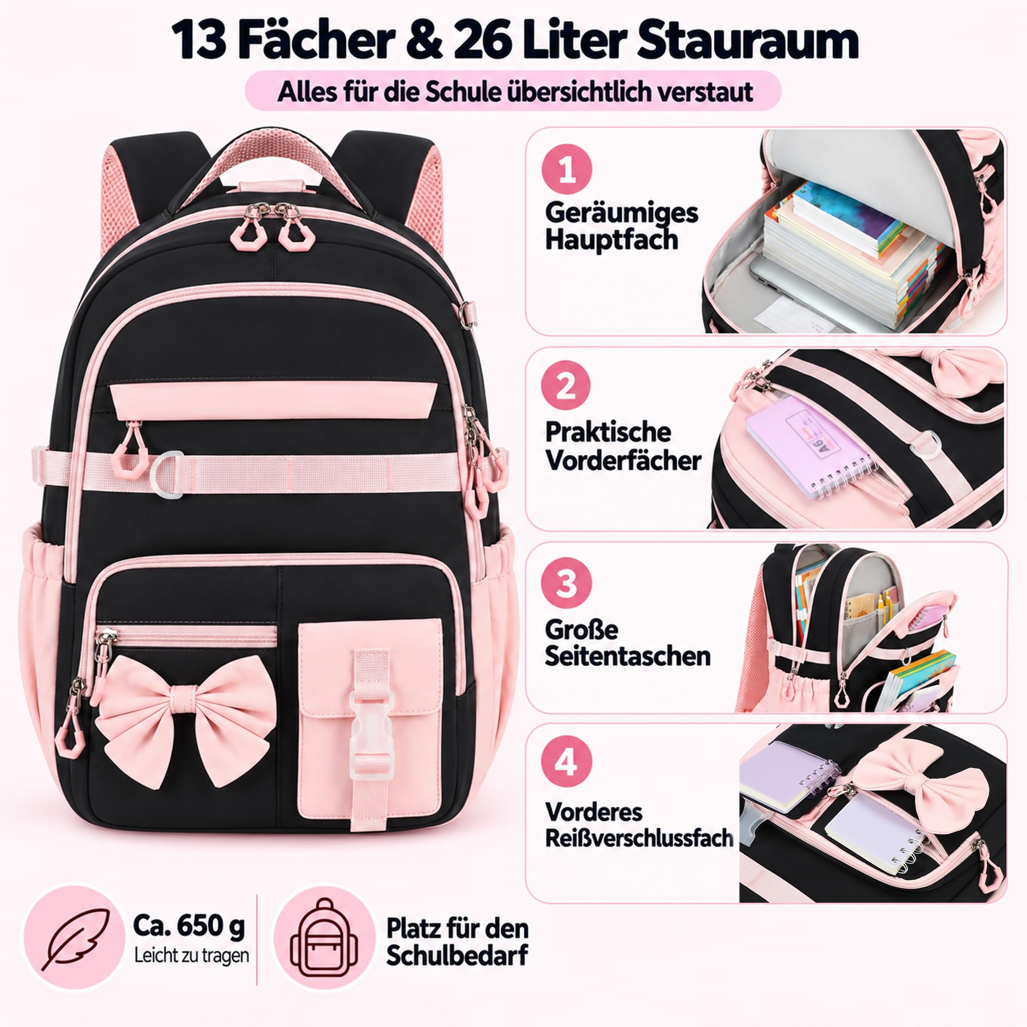 Schulrucksack Mädchen Teenager Damen Schultasche Rucksack Set Schulranzen für Mädchen Schule 3-teilig Lässig Rucksack mit Lunchpaket Tasche und Mäppchen (Schwarz Rosa)