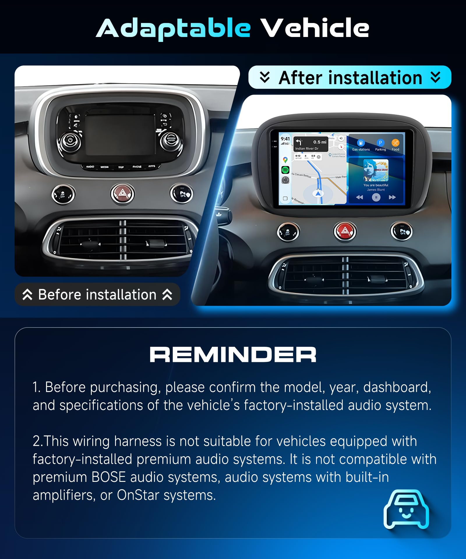 Radio de Coche 4 GB + 128 GB con CarPlay y Android Auto para Fiat 500X 2014-2020, autorradio con Pantalla táctil Incell de 9 Pulgadas, Bluetooth 5G-WiFi GPS EQ USB FM RDS SWC y cámara AHD