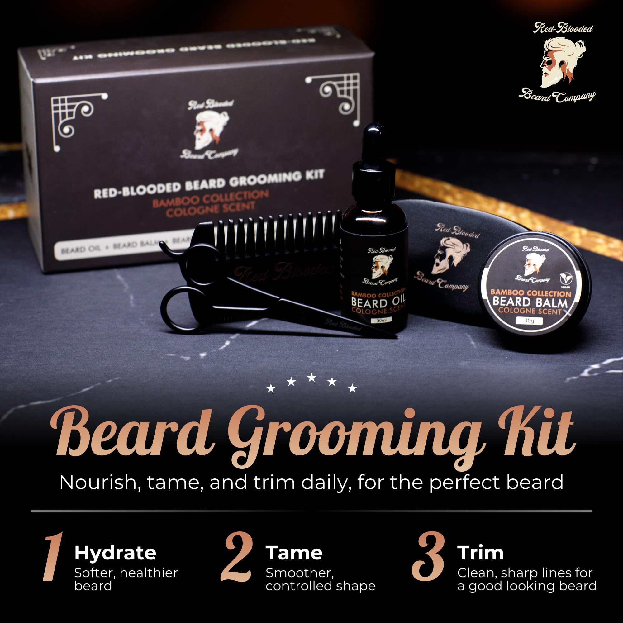 Red-Blooded kit barba hombre con aceite para barba, bálsamo para barba, cepillo para barba, peine para barba y tijeras para barba. Colonia perfumada hecha con aceite de jojoba y aceite de macadamia