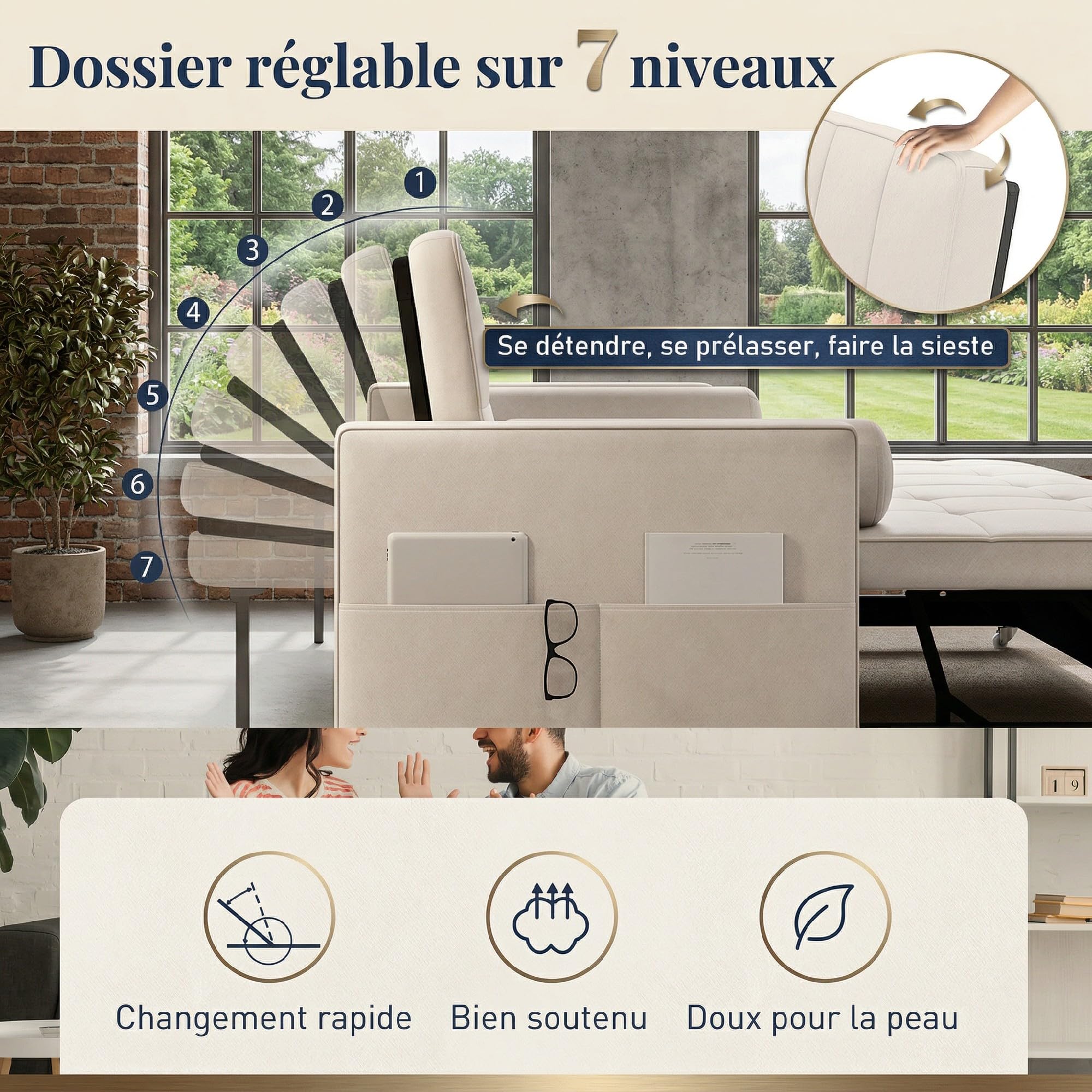 HOMCOM Canapé Convertible 2 Places 3 en 1, canapé-lit capitonné, lit gigogne Double, Dossier réglable, 2 Coussins et Poches d'accoudoirs, Tissu Aspect Lin, pour Chambre, Beige