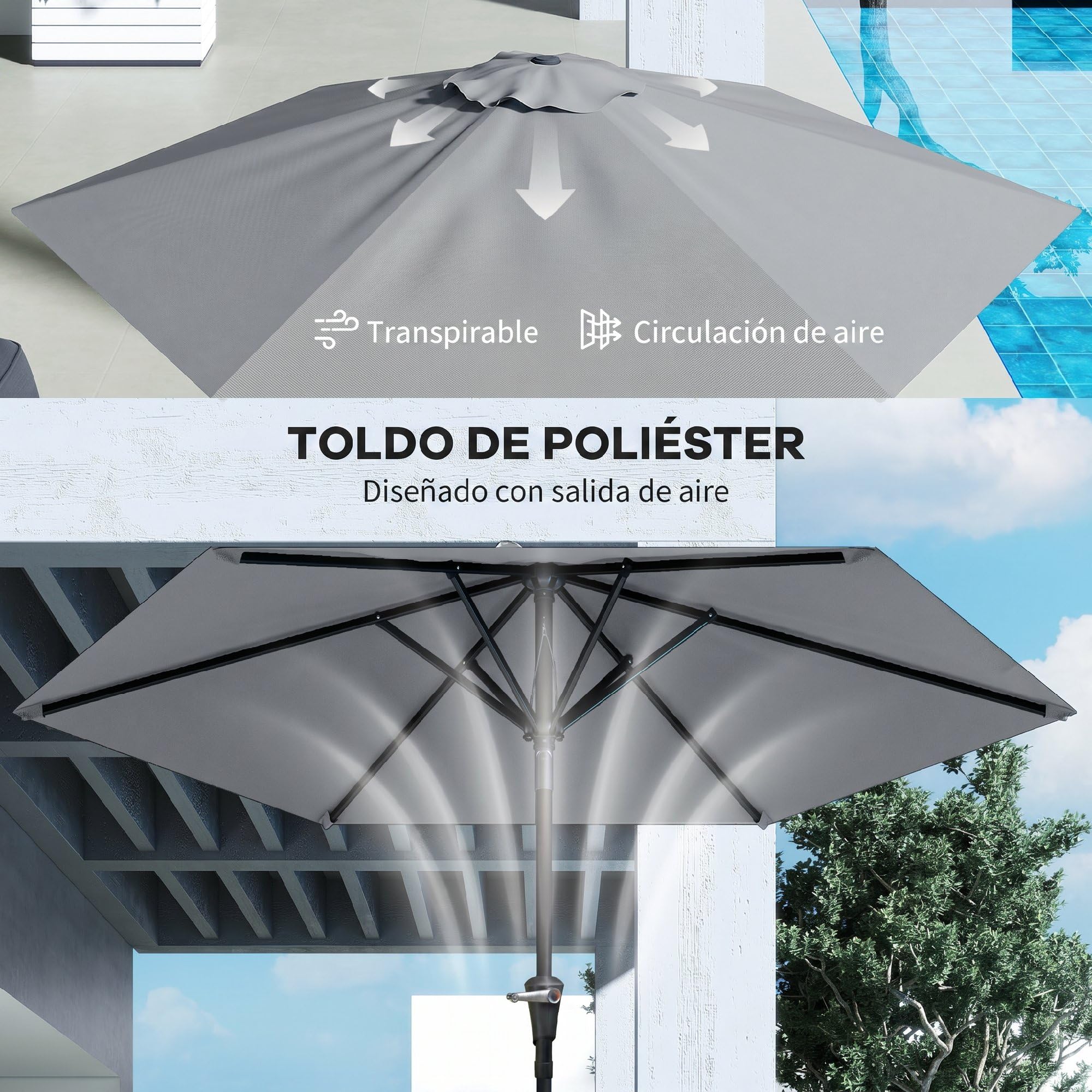Outsunny Sombrilla Terraza Exterior Ø230 cm Sombrilla de Jardín con Ángulo Ajustable y Manivela Impermeable Parasol para Patio Terraza