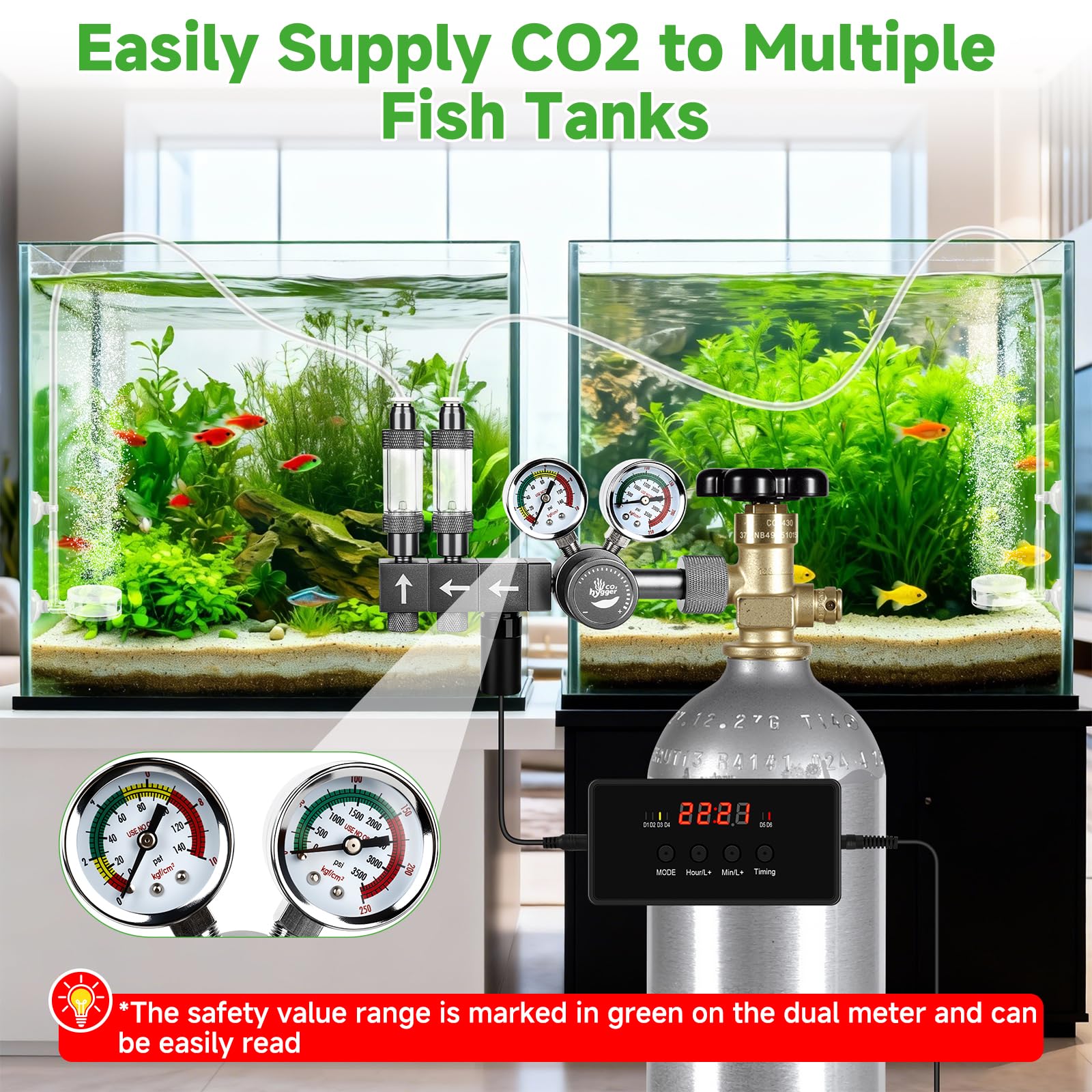 Regulador de CO2 mejorado para acuario con válvula motorizada, presión ajustable de doble etapa, expandible para dos tanques, incluye temporizador y contadores de burbujas para sistema de