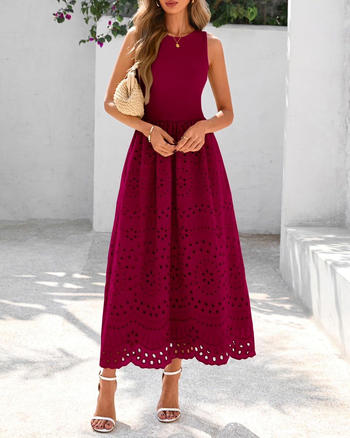dowerme Women Summer Dresses 2026 Casual Sleeveless Crewneck A-Line Boho Lace Eyelet Cotton Tank Maxi Dress with Pockets - Image 8