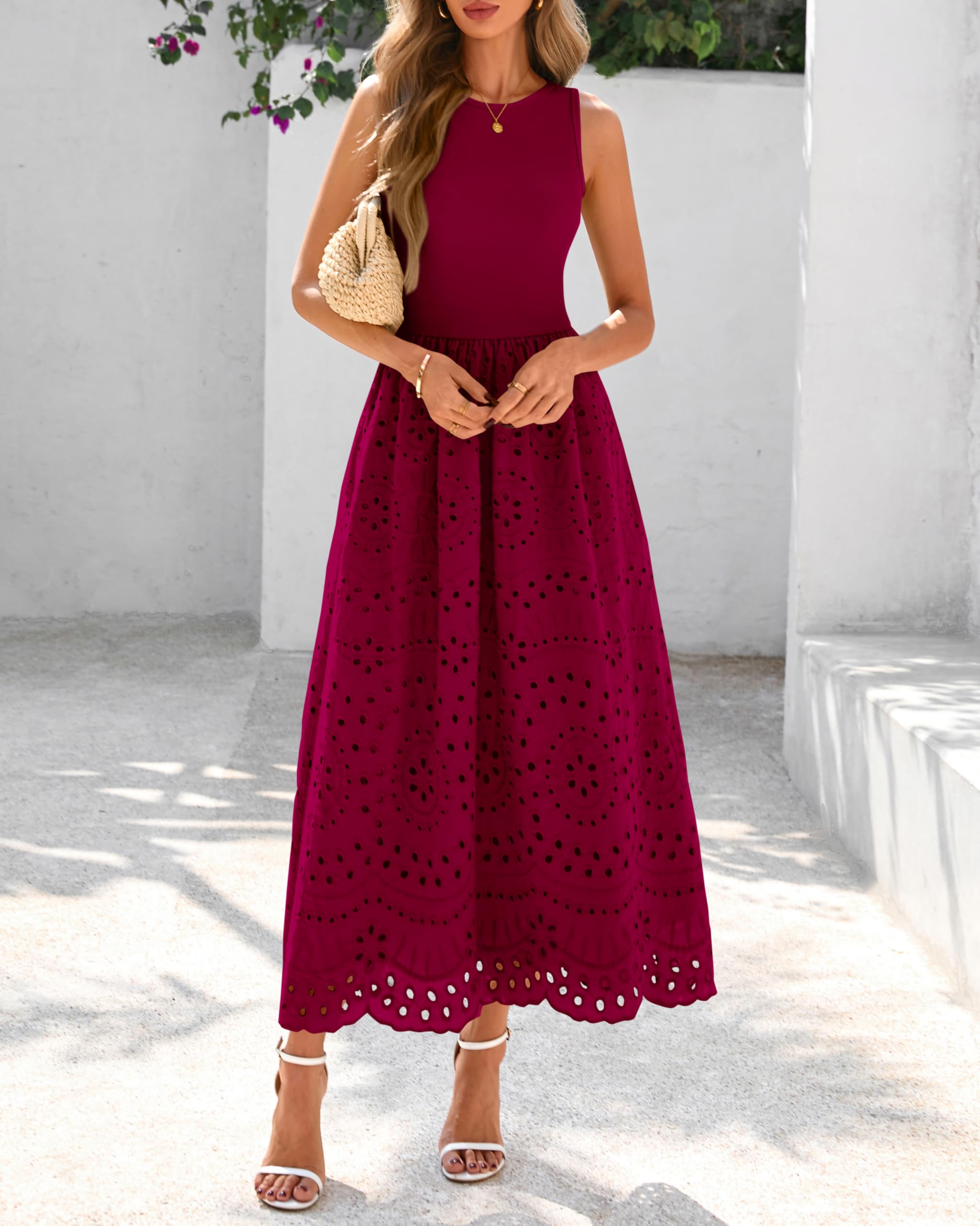dowerme Abiti estivi da donna 2025 casual senza maniche girocollo A-Line Boho pizzo occhiello cotone canotta maxi abito con tasche