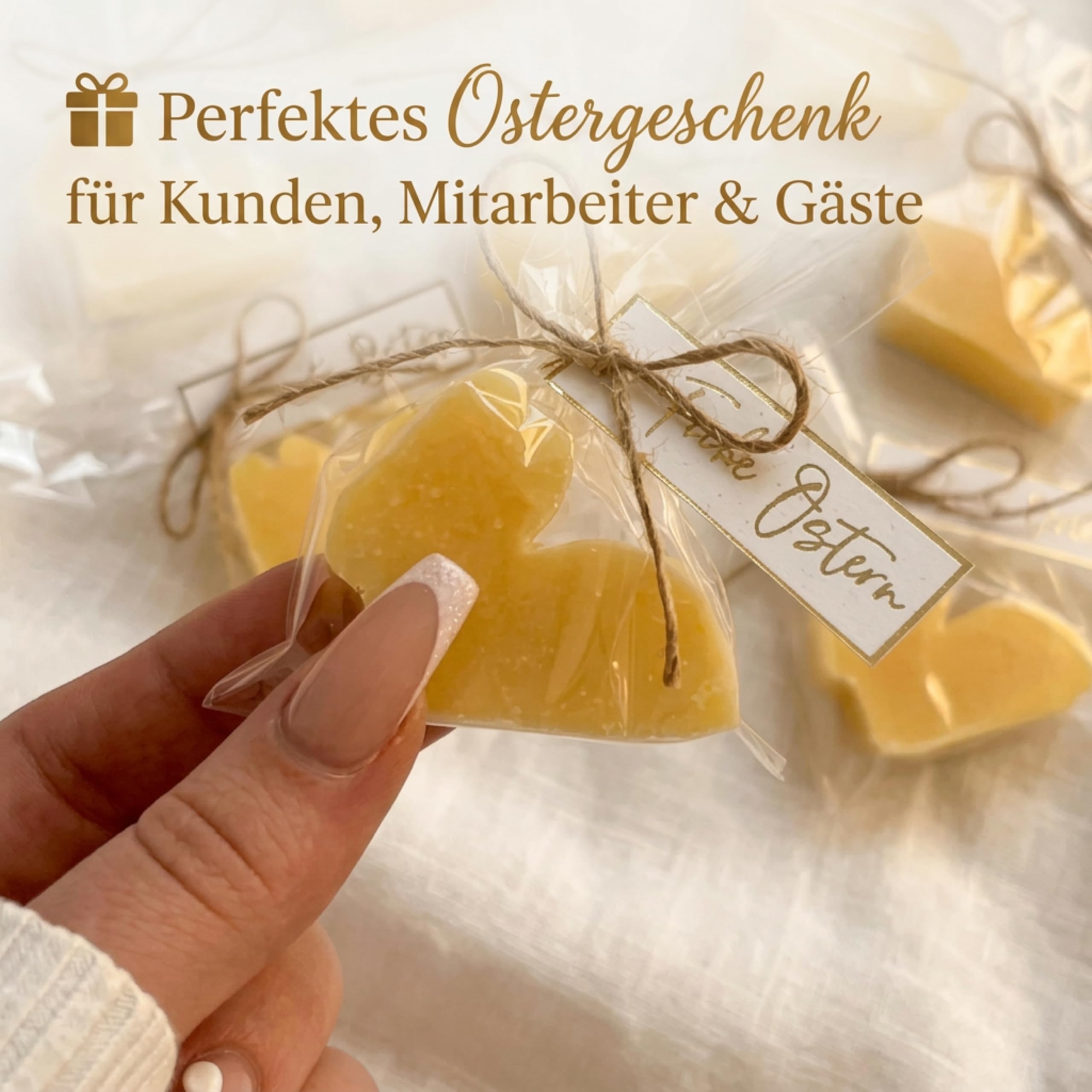 Gastgeschenk Ostern Seife Osterhase – Ostergeschenk Mitarbeiter & Firmenkunden – Duftseife Grapefruit 20 g mit Schleife & Frohe Ostern Etikett – Osterkorb Füllung, kleines Ostergeschenk Firma, Kundeng