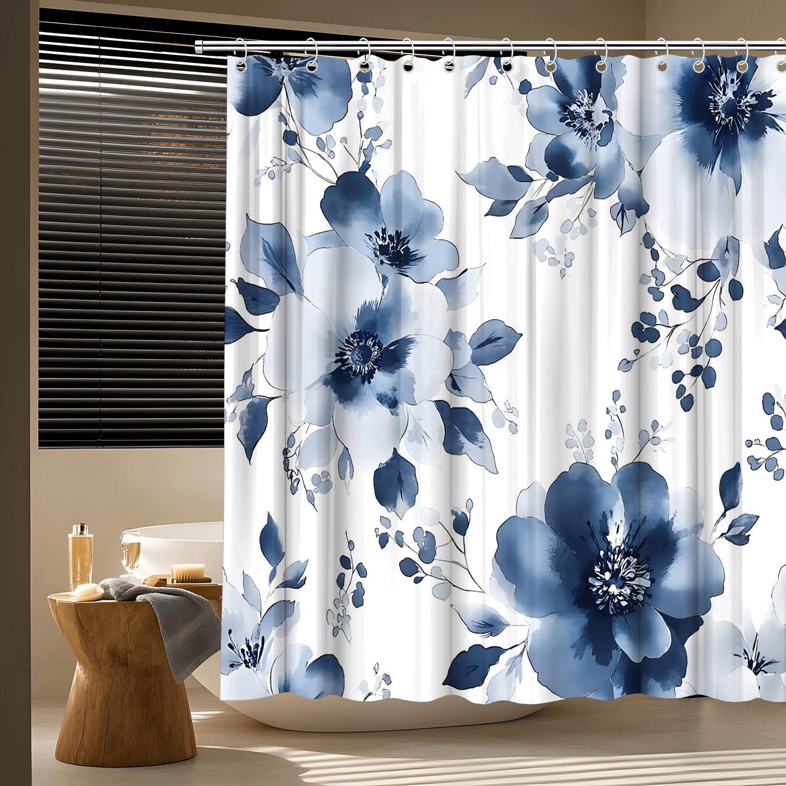 TQNNTQ Navy Blue Floral Shower Curtain Watercolor Flowers Leaves Modern Abstract Ink Wildflower Farmhouse Blossom Bath Curtain Fabric Bathroom