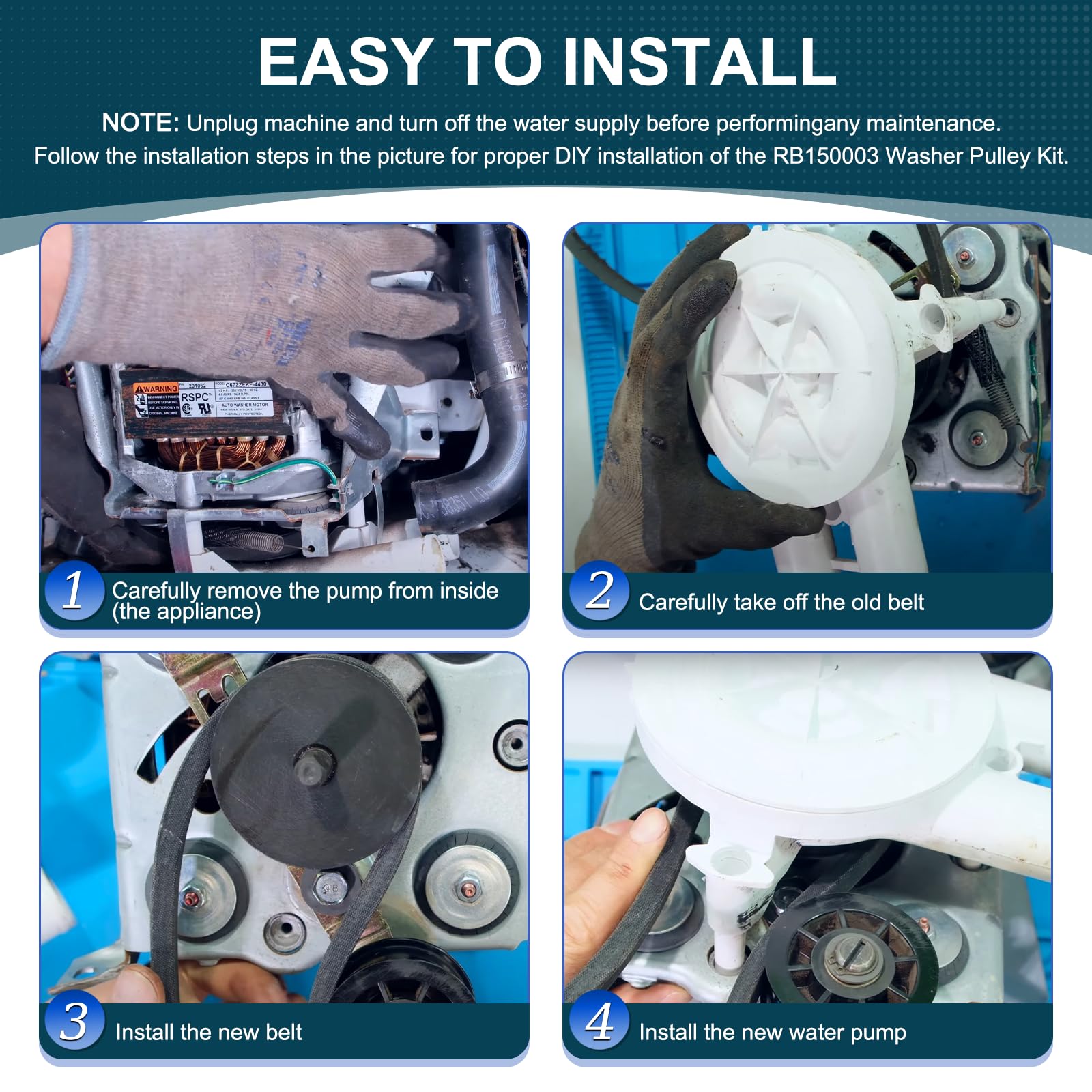 Upgraded RB150003 Washer Drain Pump & Belt Kit Compatible with