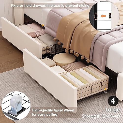 Miniatura 6 de HIFIT Base de cama LED tamaño matrimonial con estación de carga y 4 cajones de almacenamiento, plataforma tapizada de poliuretano con cabecera con