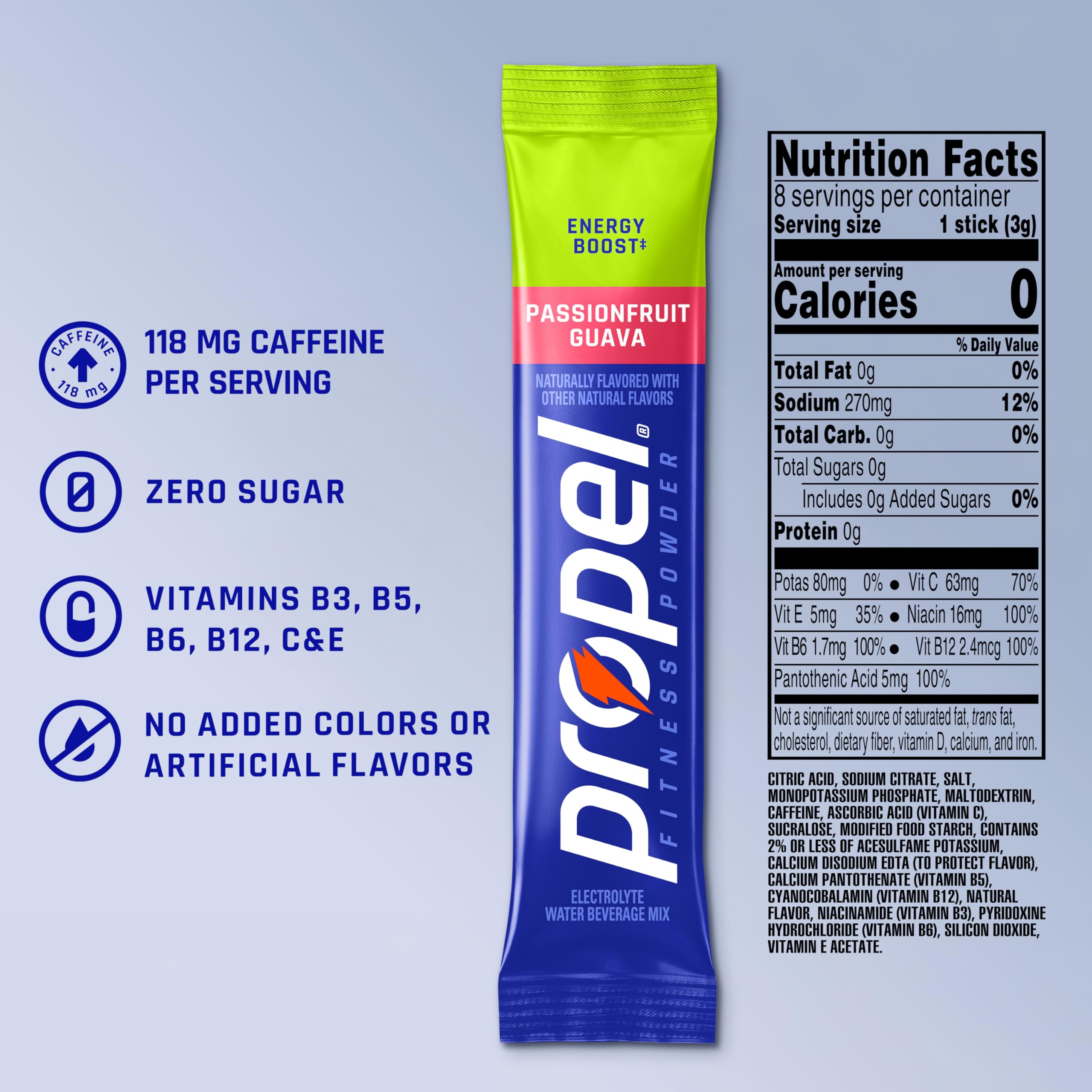 Propel Energy Boost Electrolyte Powder Drink Mix, Passionfruit Guava, (96 Servings), 118mg Caffeine, Zero Sugar, Gatorade Electrolytes, Vitamins, No Added Colors, No Artificial Flavors, Hydration