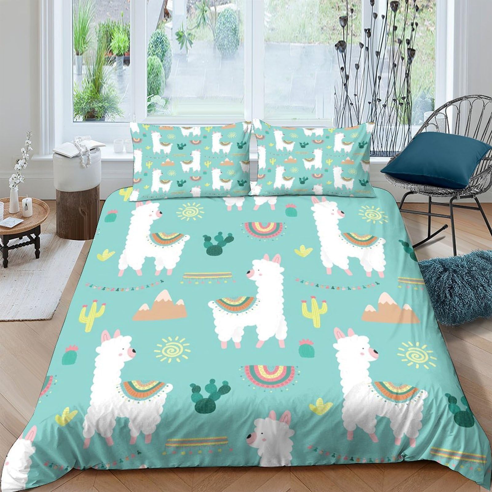 Ctjqhvkz Style-6 3D Printed Llama Cactus Fitted Sheet Microfiber Soft Turquoise Cartoon Bed Cover For Bedroom Guest Room Mattress Decor Single（135X200cm）