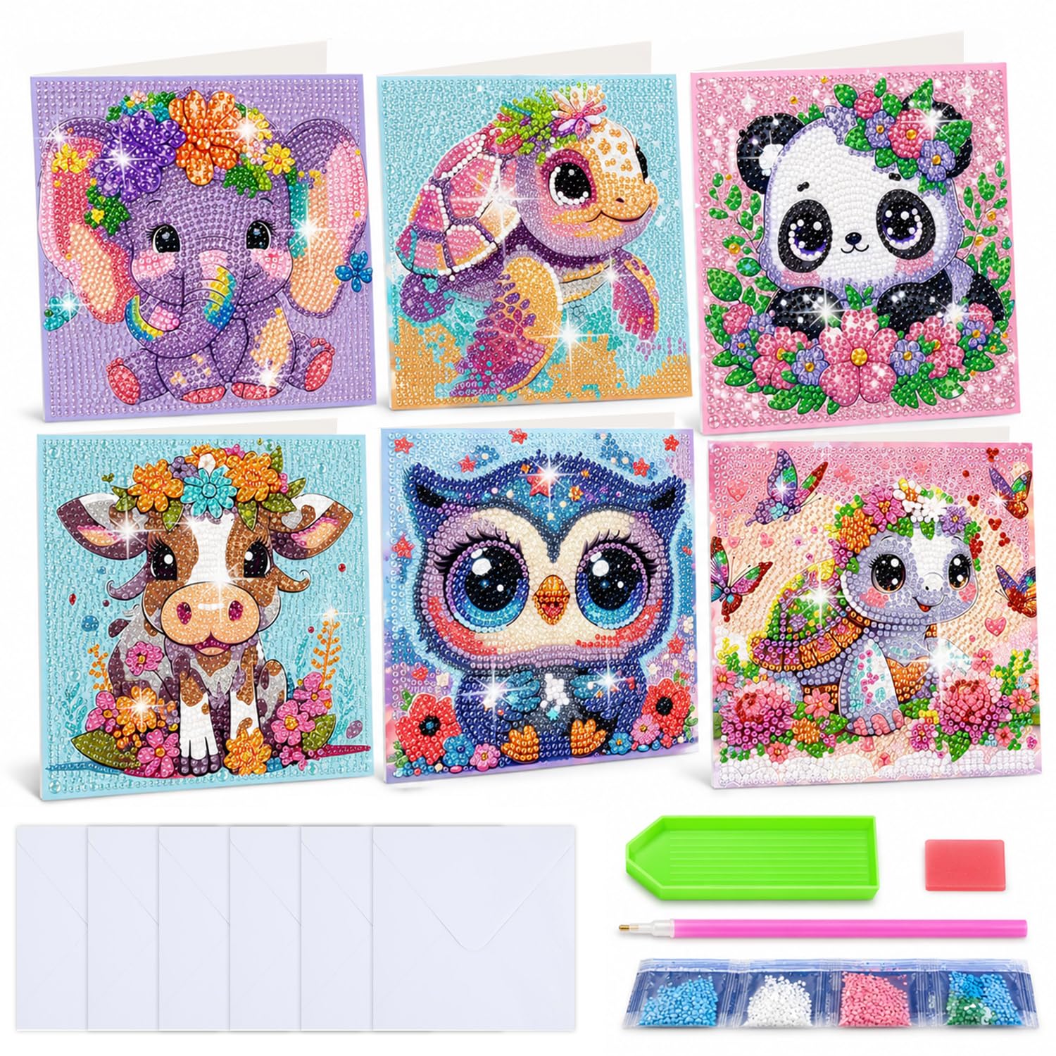 6PCS 5D Diamond Art Birthday Cards, Animal Diamond Art Crystal Card Kits with Envelopes, DIY Cartoon Diamond Painting Cards for Kids Adults Birthday Gifts