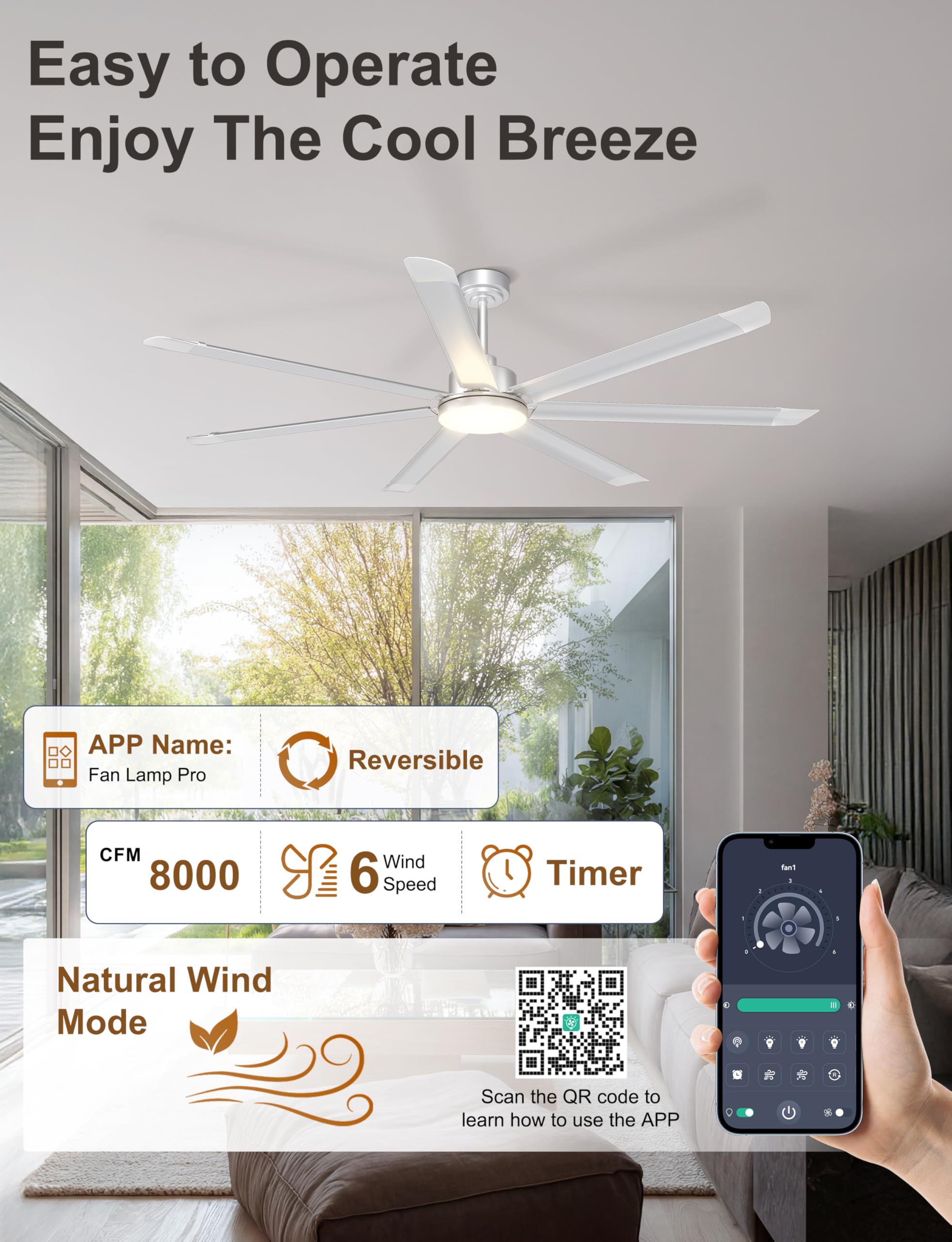 Ohniyou Ventilatore da soffitto da 182 cm con luce, grande ventilatore da soffitto industriale con telecomando/app, 7 pale in alluminio, motore DC silenzioso per terrazze esterne, garage, argento