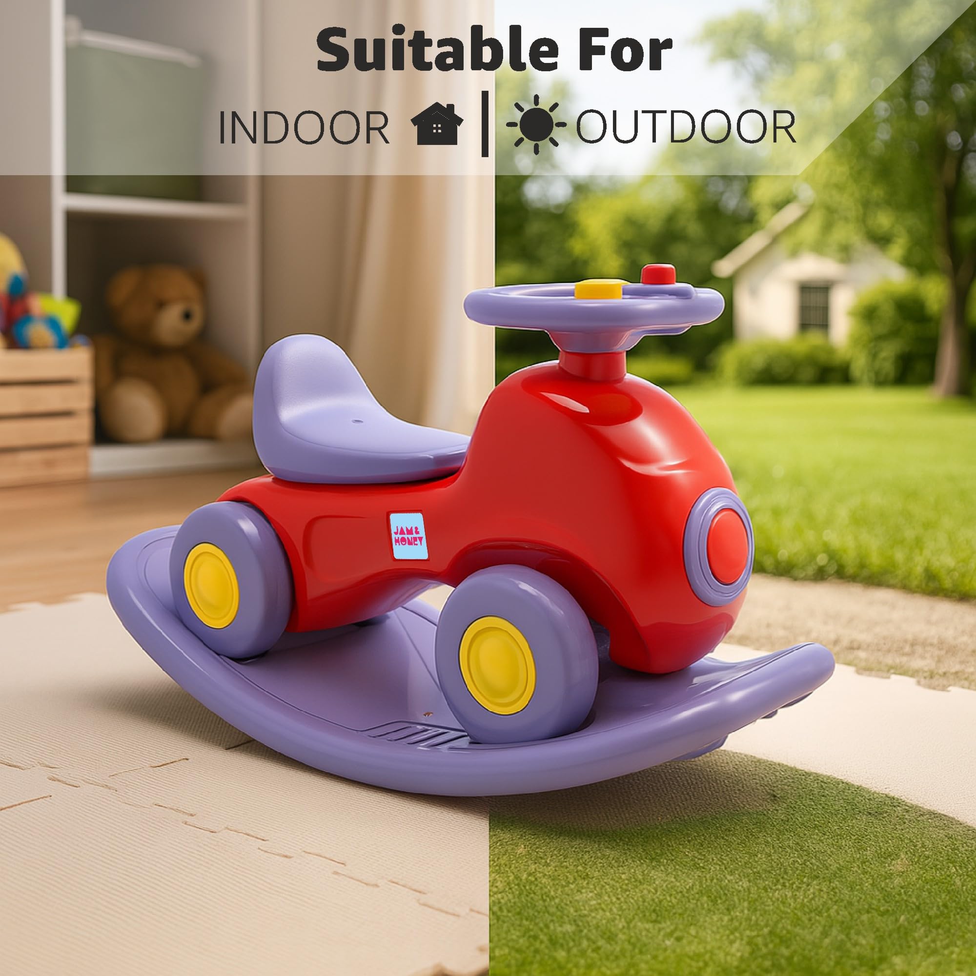 Amazon Brand - Jam & Honey 3 in 1 Car Ride On,Rocker and Balance Board for Kids | for 18+ Months | Push Car with Backrest | Steering Wheel | Indoor or Outdoor Toy | BIS Approved | Safe and Fun Toy 2