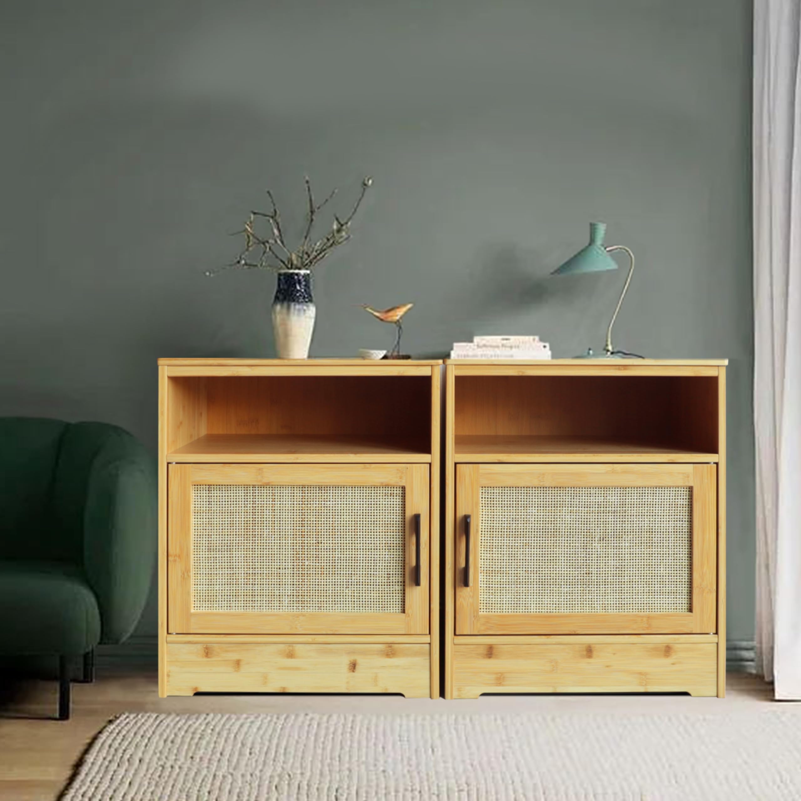 VEIKOUNightstand, Bedside Table Set of 2 with Handmade Rattan Door, Bamboo Nightstand with Waterproof Plate, 2-Tier Shelf, Side Table End Table for Bedroom, Living Room, Dorm